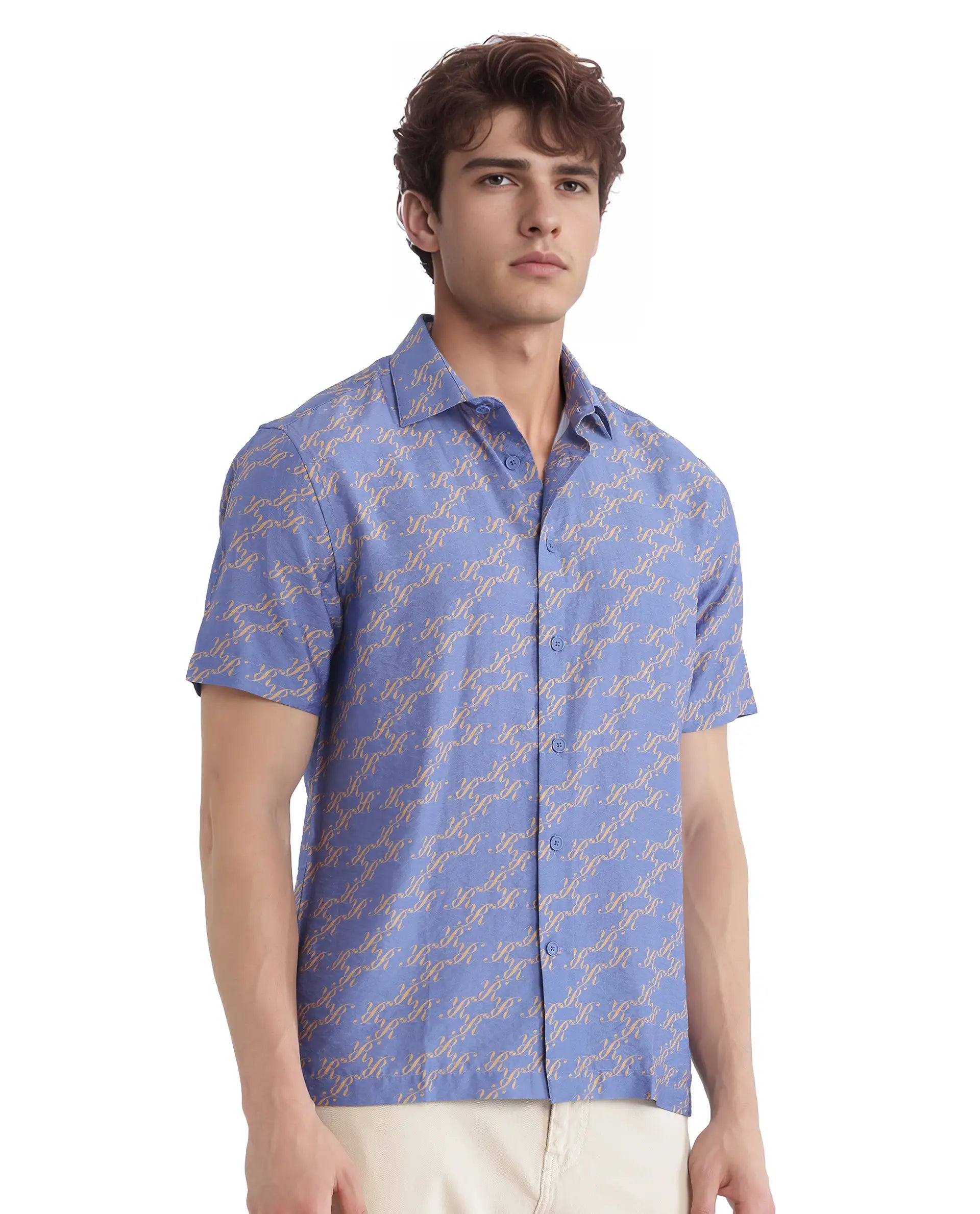 Rare Rabbit Men Qoto Light Purple Viscose Fabric Regular Fit Short Sleeve Regular Collared All Over Monogram Printed Shirt