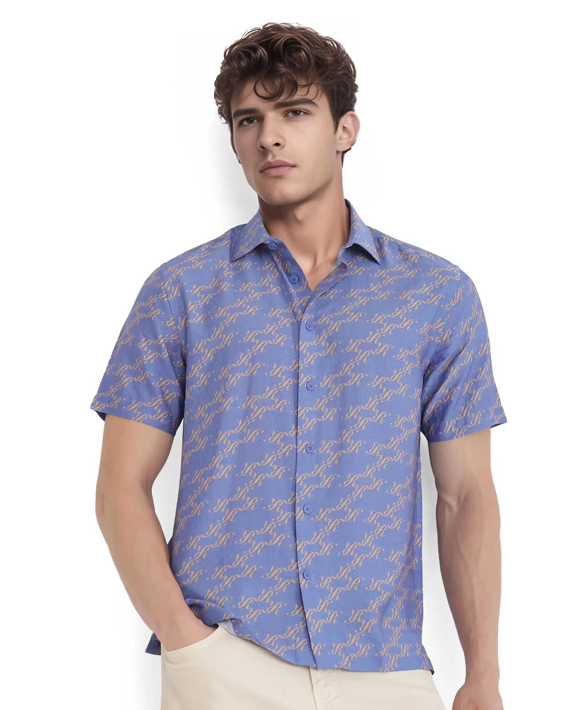 Rare Rabbit Men Qoto Light Purple Viscose Fabric Regular Fit Short Sleeve Regular Collared All Over Monogram Printed Shirt