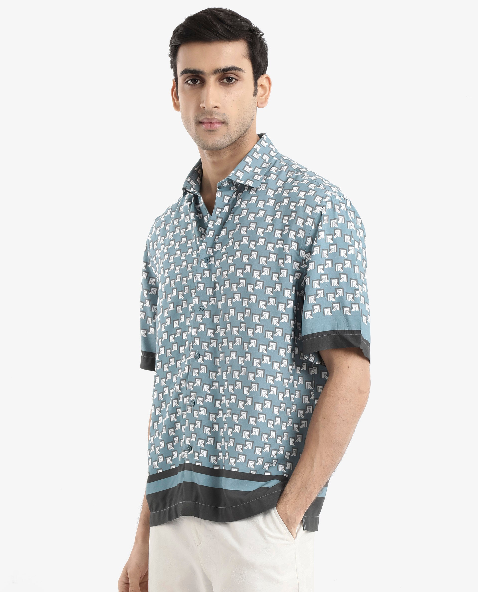 Rare Rabbit Men's Qran Dusky Petrol Viscose Fabric Short Sleeve Boxy Fit Monogram Print Shirt