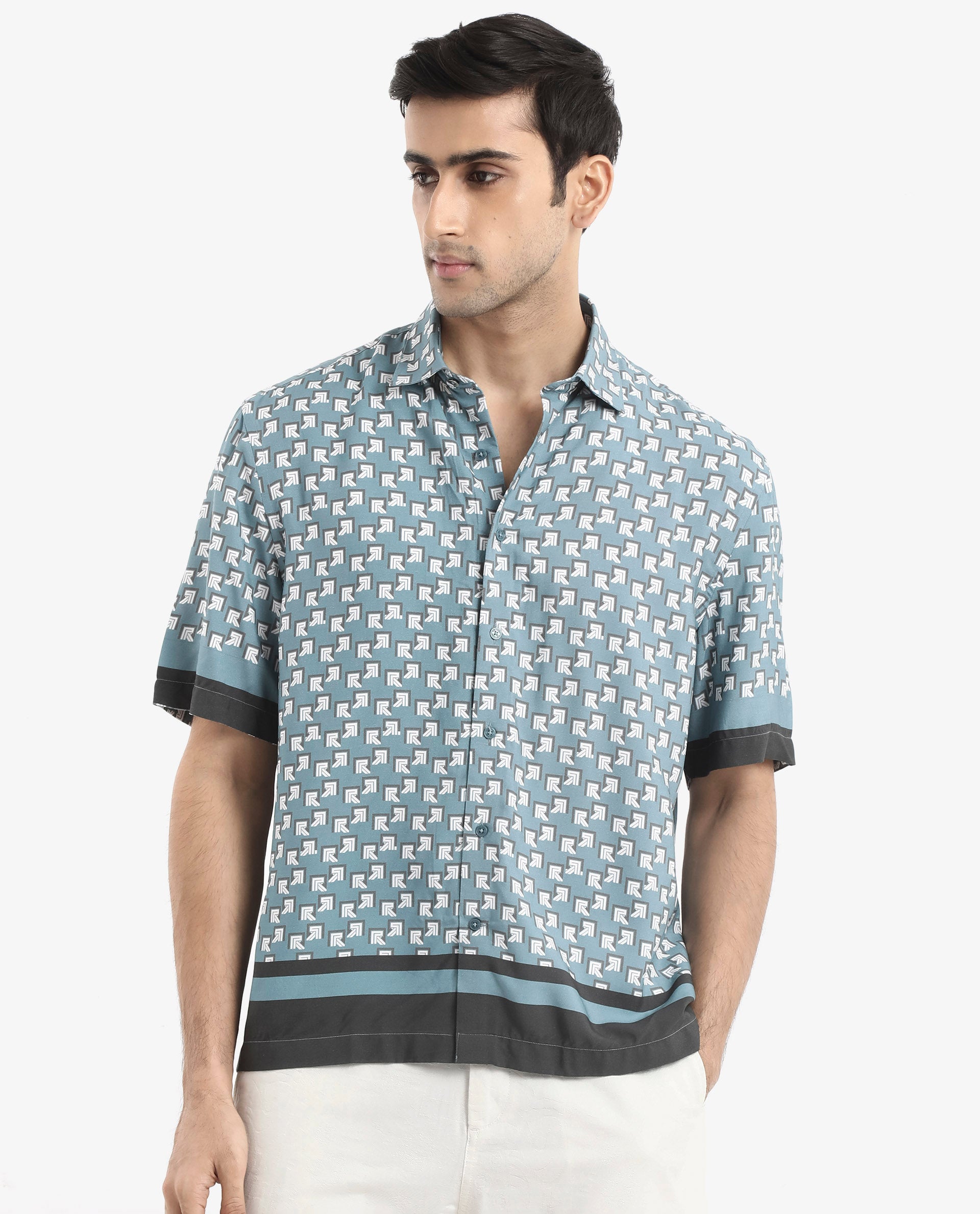 Rare Rabbit Men's Qran Dusky Petrol Viscose Fabric Short Sleeve Boxy Fit Monogram Print Shirt