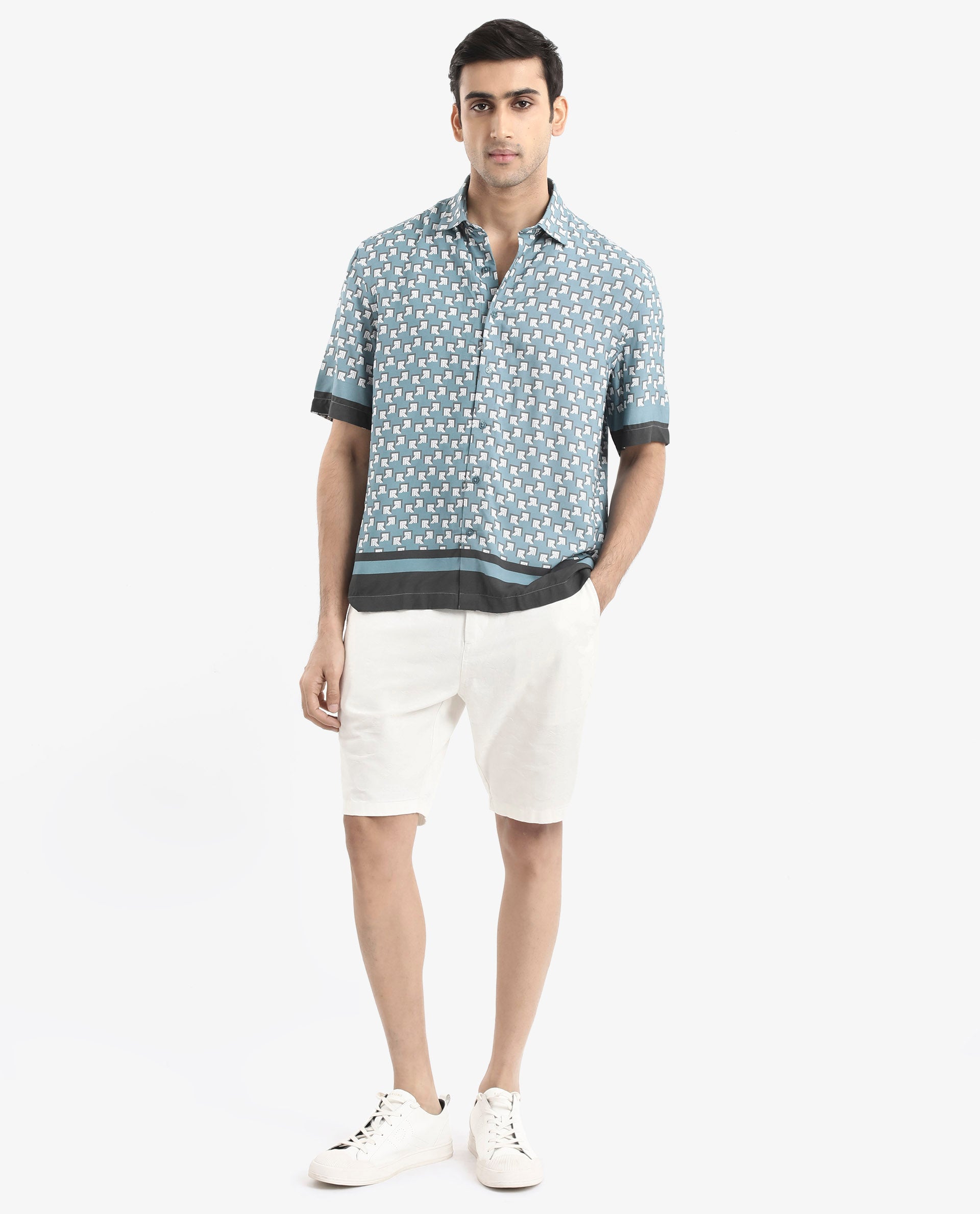 Rare Rabbit Men's Qran Dusky Petrol Viscose Fabric Short Sleeve Boxy Fit Monogram Print Shirt