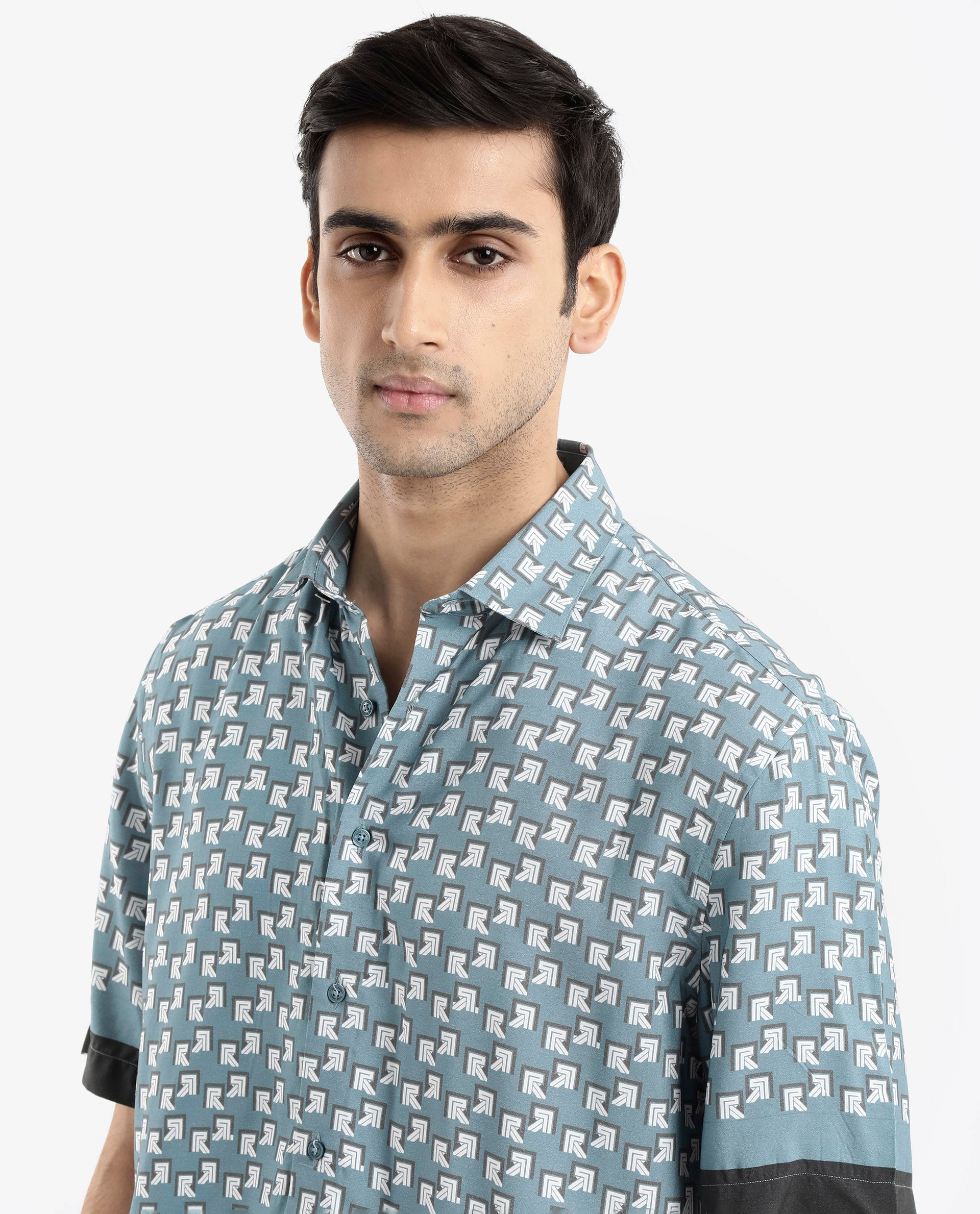 Rare Rabbit Men's Qran Dusky Petrol Viscose Fabric Short Sleeve Boxy Fit Monogram Print Shirt