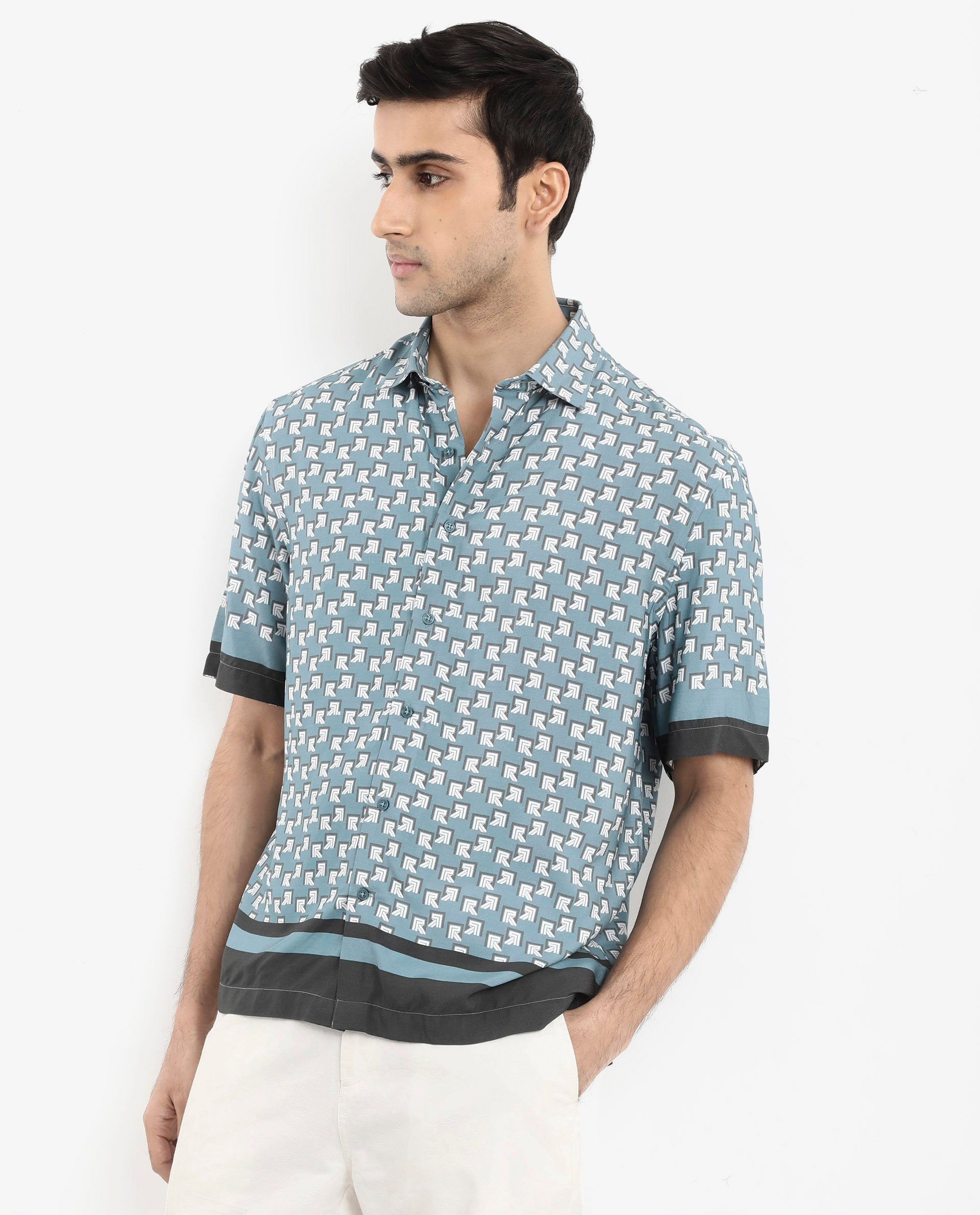 Rare Rabbit Men's Qran Dusky Petrol Viscose Fabric Short Sleeve Boxy Fit Monogram Print Shirt