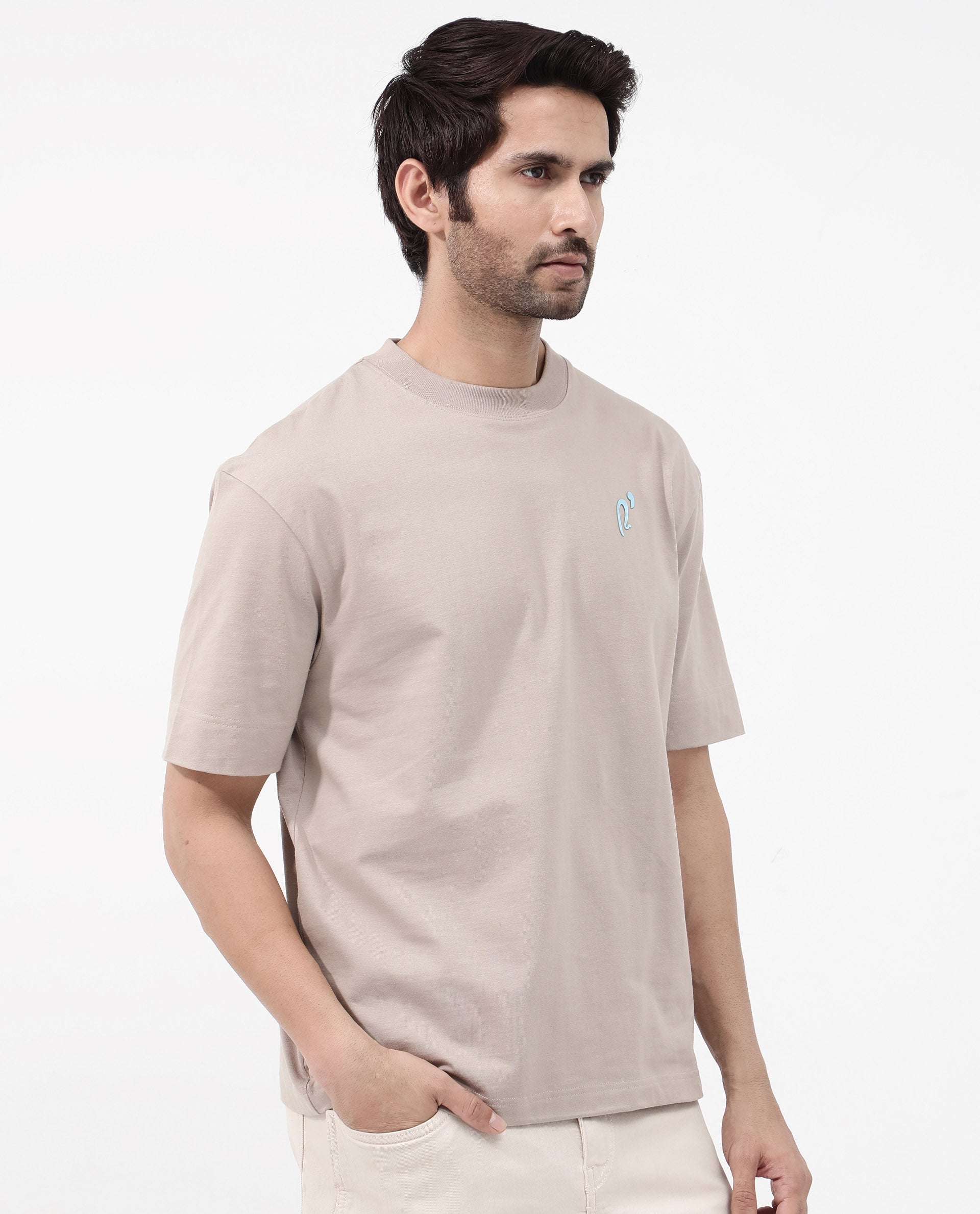 Rare Rabbit Articale Mens Quade Beige Cotton Polyester Fabric Short Sleeve Crew Neck Oversized Fit Graphic Printed T-Shirt