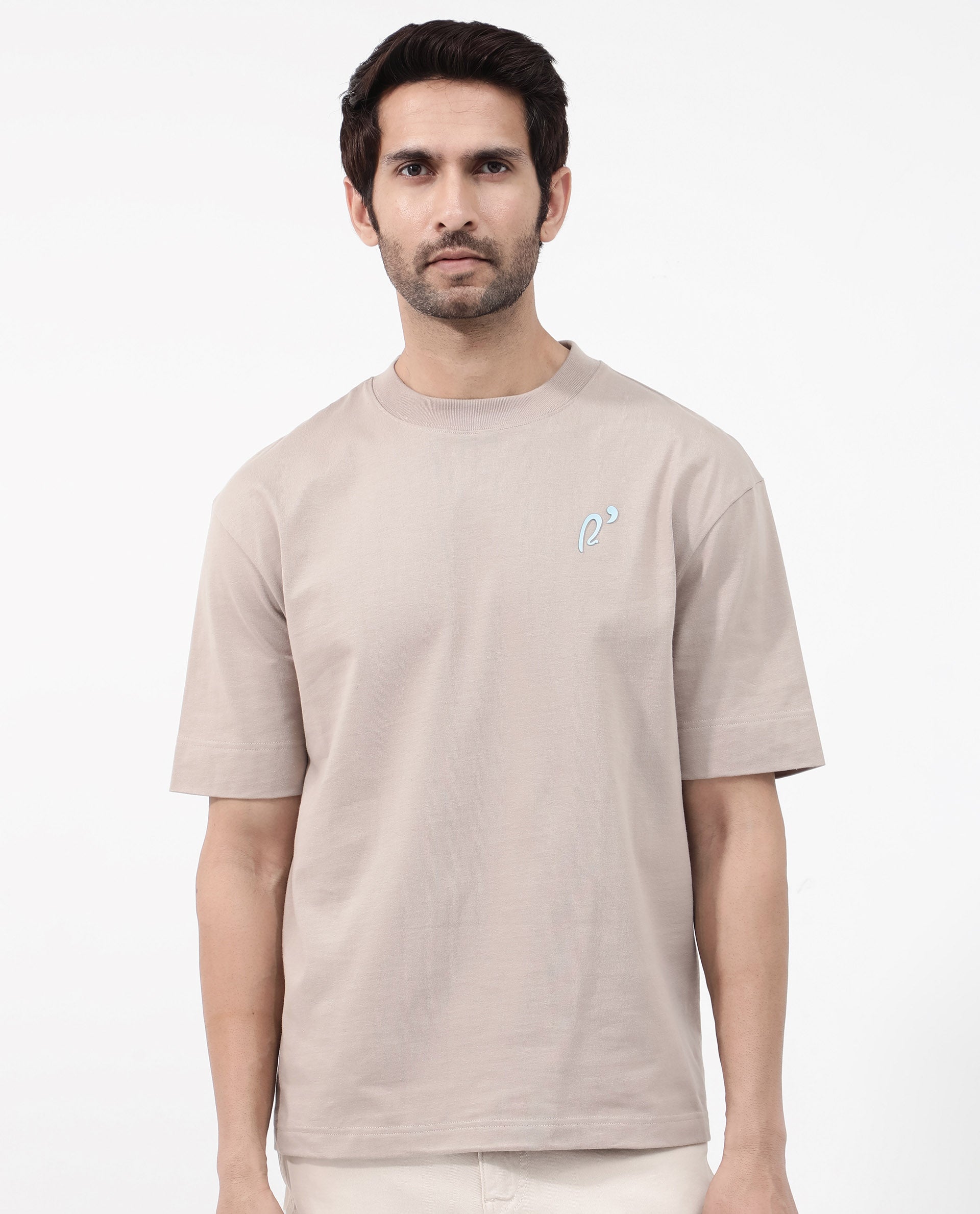 Rare Rabbit Articale Mens Quade Beige Cotton Polyester Fabric Short Sleeve Crew Neck Oversized Fit Graphic Printed T-Shirt