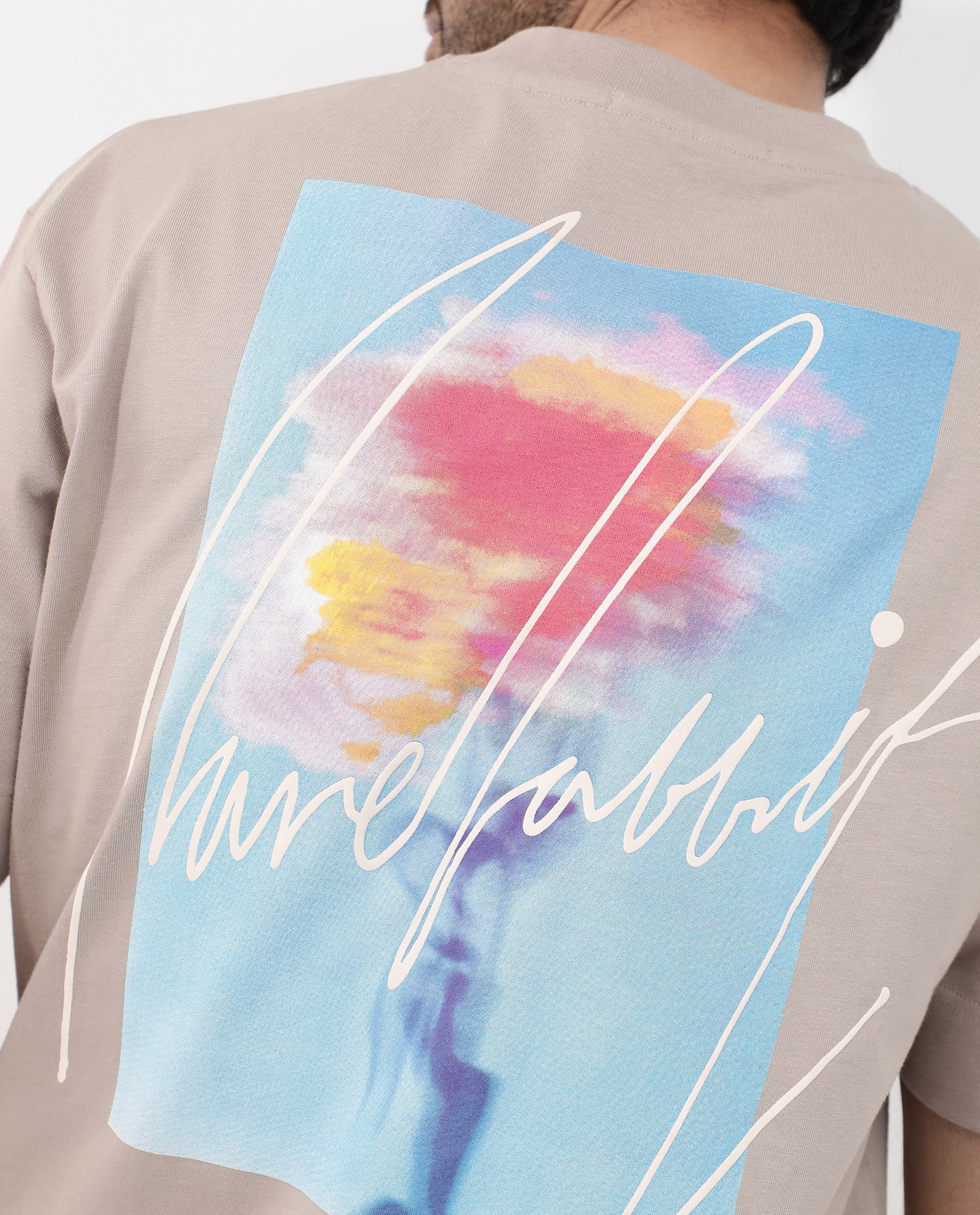 Rare Rabbit Articale Mens Quade Beige Cotton Polyester Fabric Short Sleeve Crew Neck Oversized Fit Graphic Printed T-Shirt