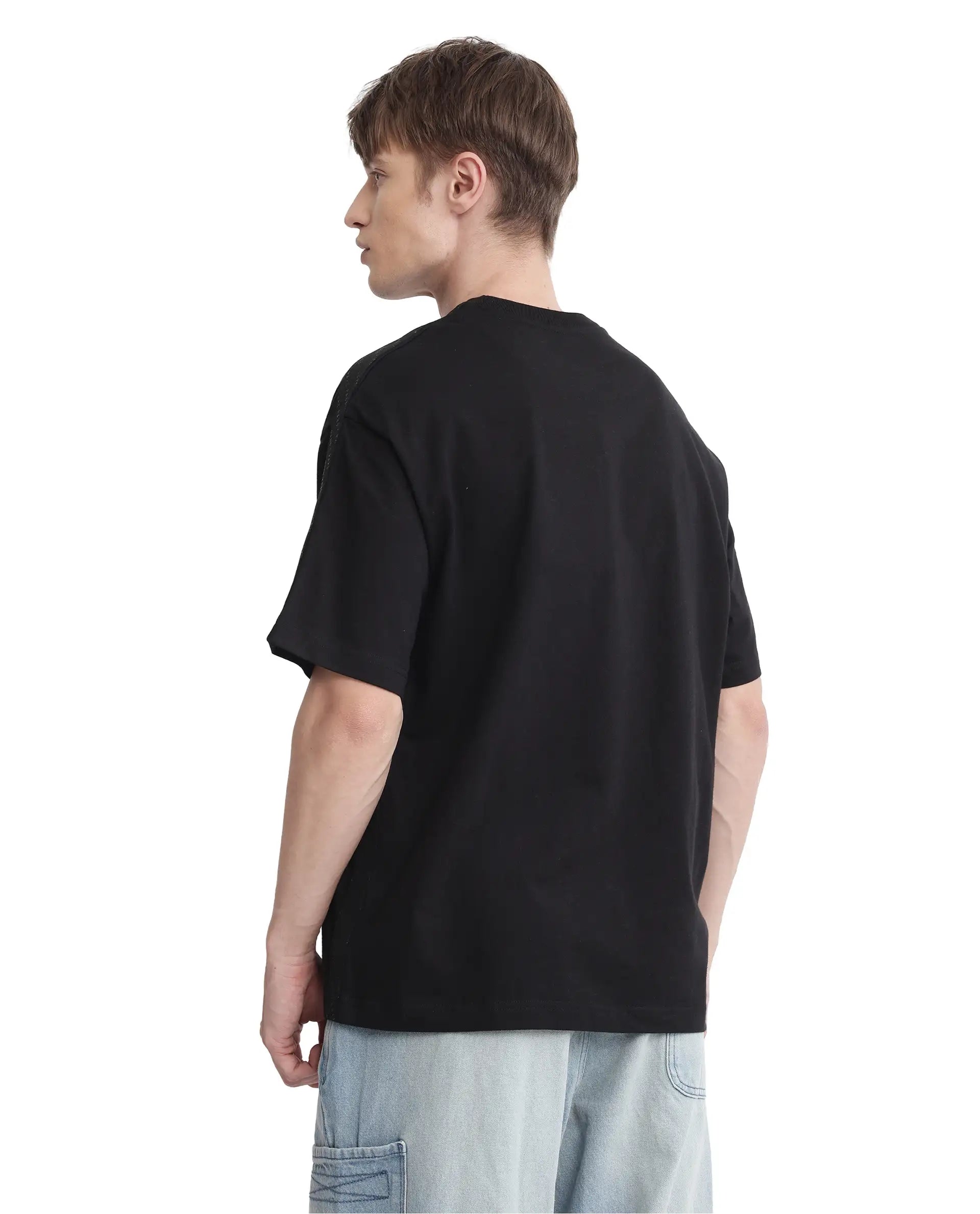 Rare Rabbit Men Quate Black Cotton Fabric Short Sleeve with Tape Details  Badge Branding Boxy Fit Badge Branding T-Shirt