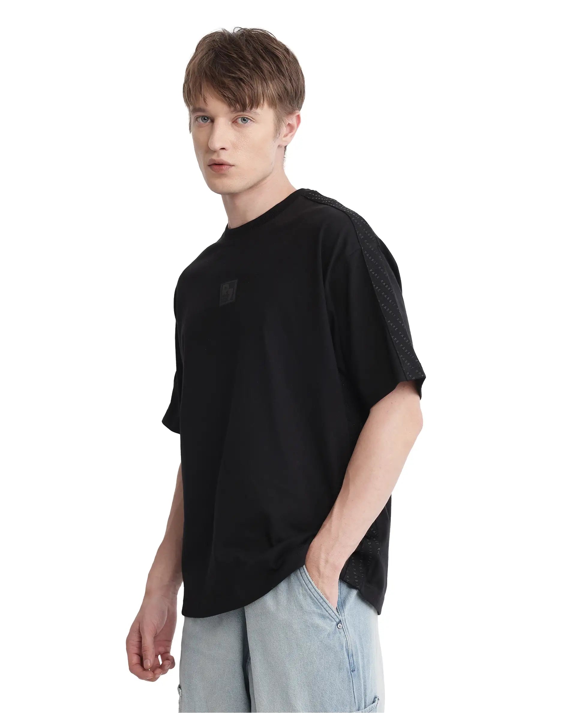 Rare Rabbit Men Quate Black Cotton Fabric Short Sleeve with Tape Details  Badge Branding Boxy Fit Badge Branding T-Shirt