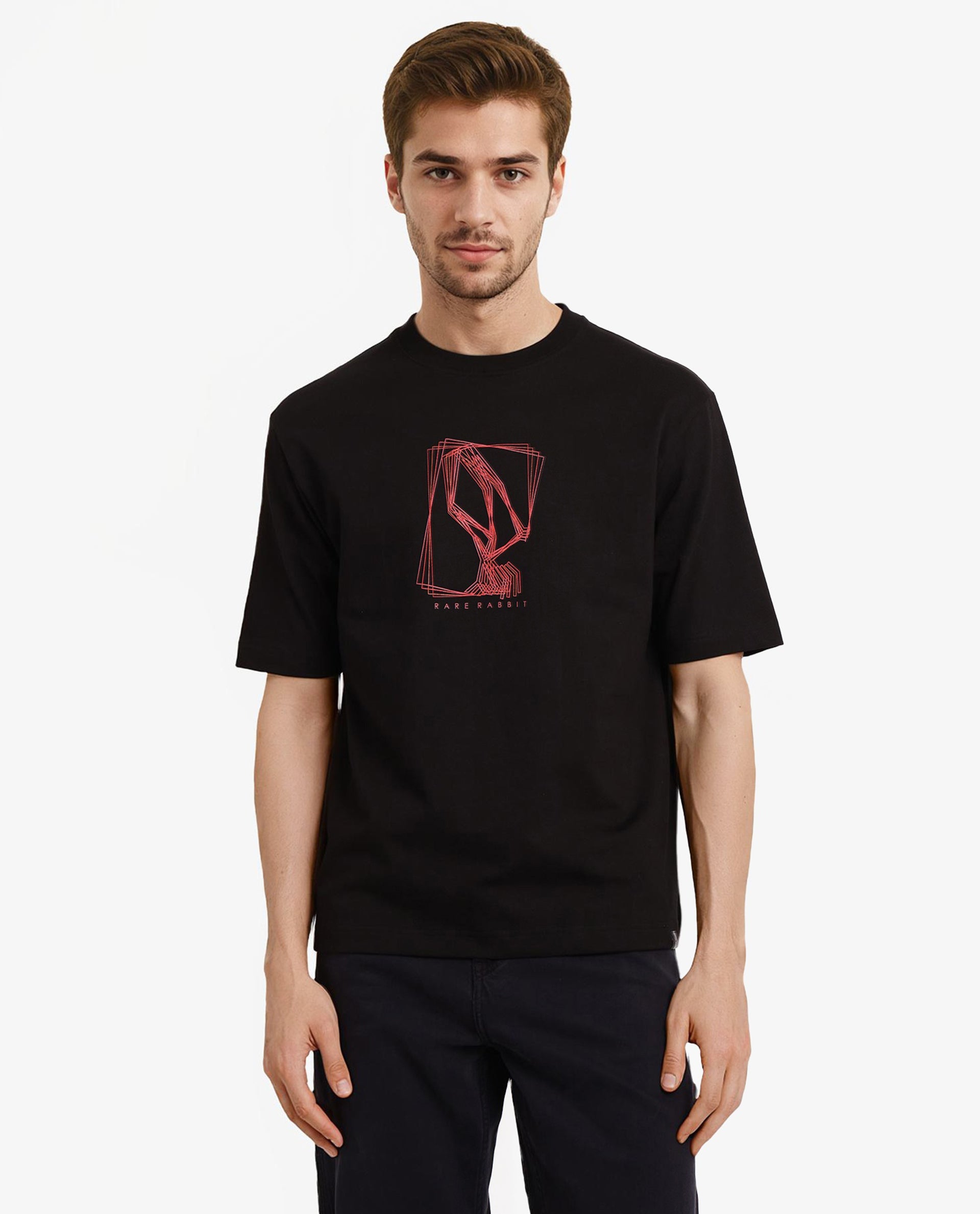 Rare Rabbit Men Que Black Cotton Fabric Short Sleeve Crew Neck Oversized Fit Graphic Logo Print T-Shirt