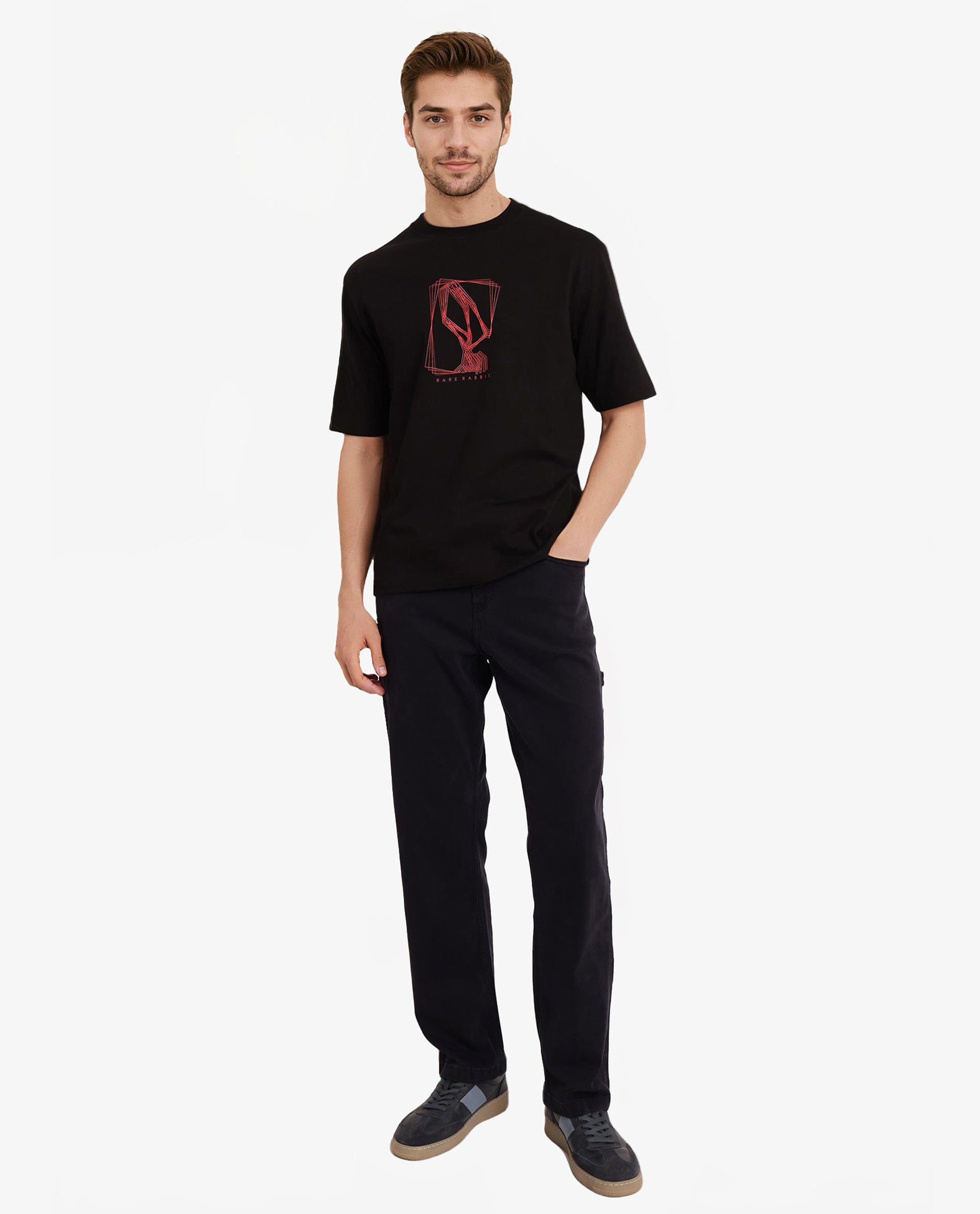 Rare Rabbit Men Que Black Cotton Fabric Short Sleeve Crew Neck Oversized Fit Graphic Logo Print T-Shirt