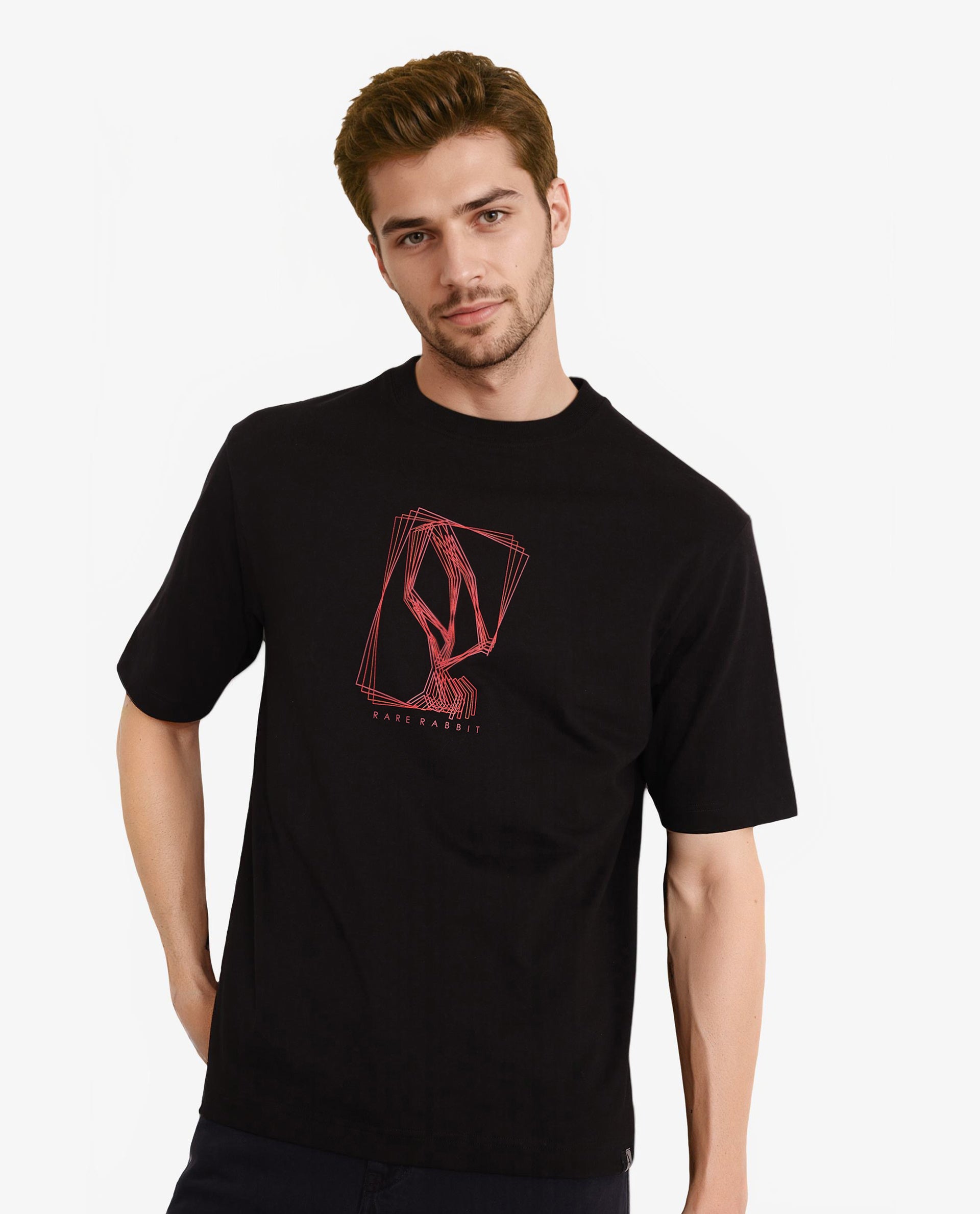 Rare Rabbit Men Que Black Cotton Fabric Short Sleeve Crew Neck Oversized Fit Graphic Logo Print T-Shirt