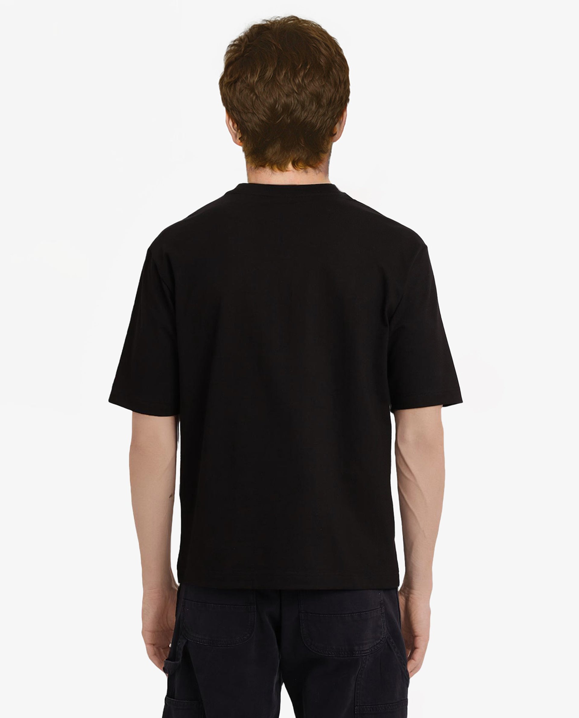 Rare Rabbit Men Que Black Cotton Fabric Short Sleeve Crew Neck Oversized Fit Graphic Logo Print T-Shirt