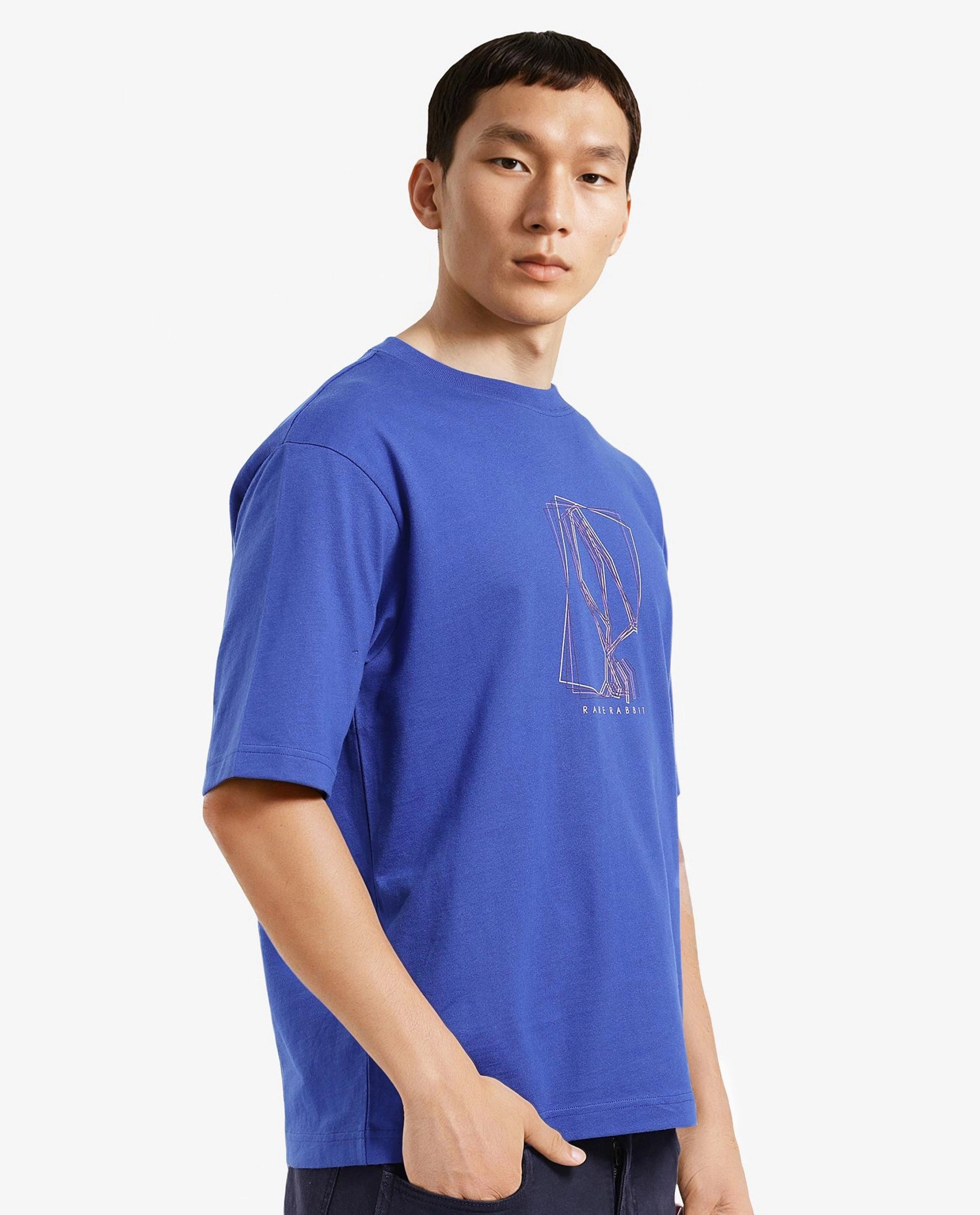 Rare Rabbit Men Que Blue Short Sleeve Crew Neck Boxy Fit Graphic Print T-Shirt