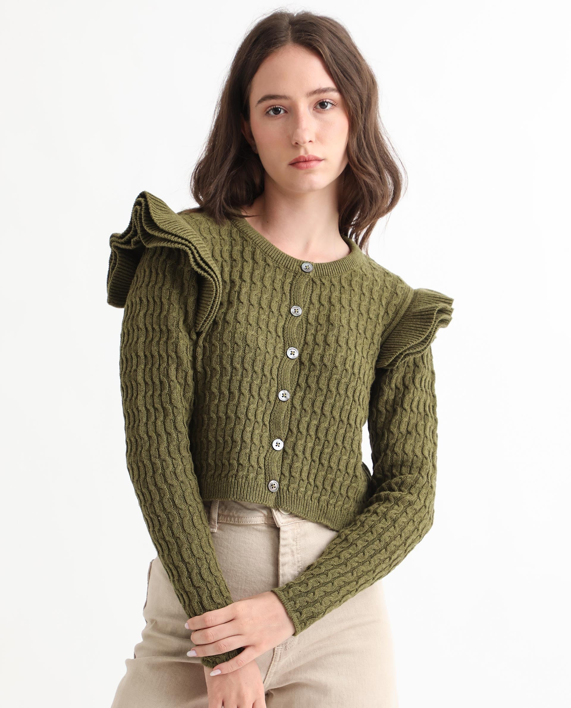 Rareism Women Queen Olive Cotton Fabric Full Sleeves Regular Fit Solid Round Neck Sweater