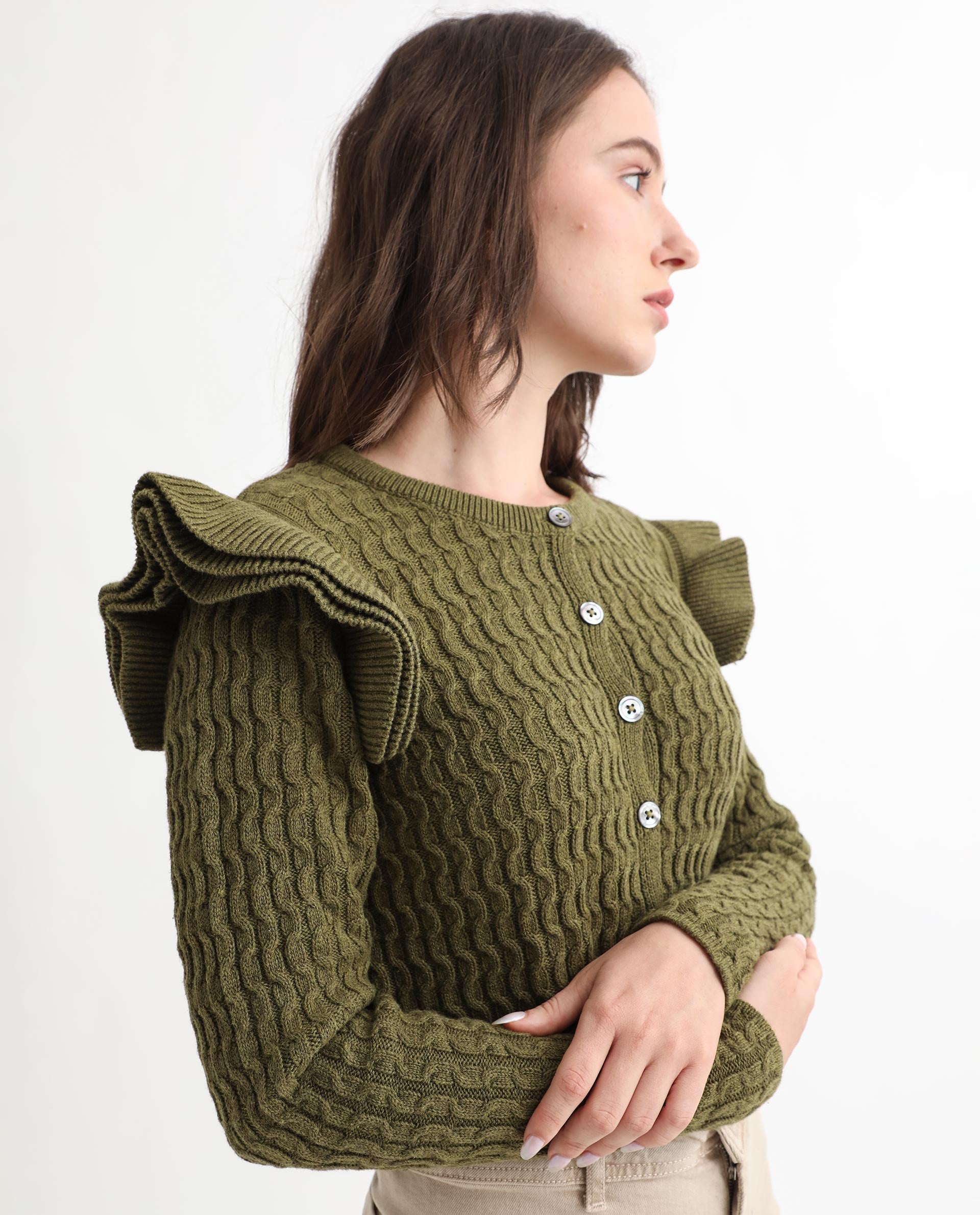 Rareism Women Queen Olive Cotton Fabric Full Sleeves Regular Fit Solid Round Neck Sweater