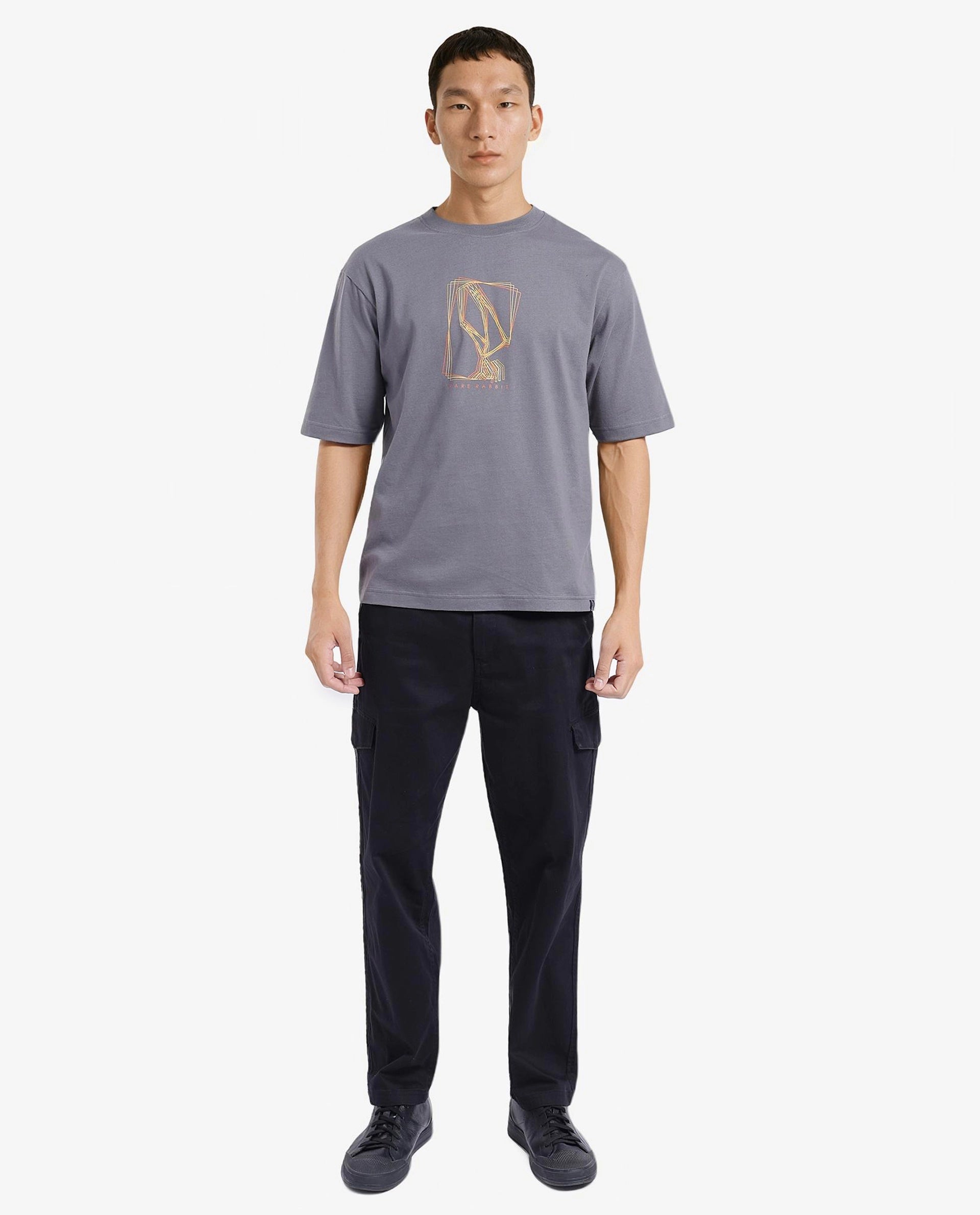 Rare Rabbit Men Que Grey Short Sleeve Crew Neck Boxy Fit Graphic Print T-Shirt