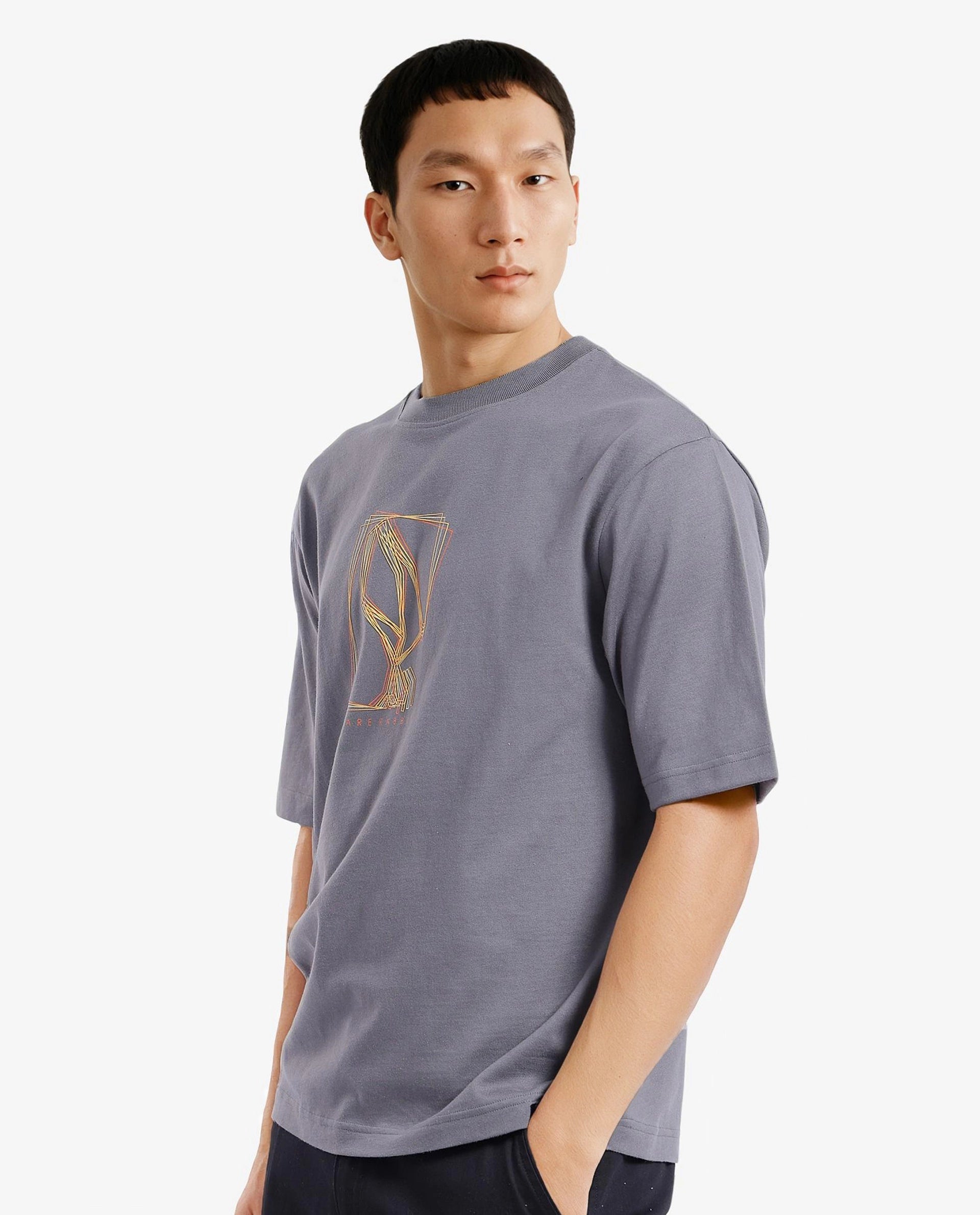 Rare Rabbit Men Que Grey Short Sleeve Crew Neck Boxy Fit Graphic Print T-Shirt