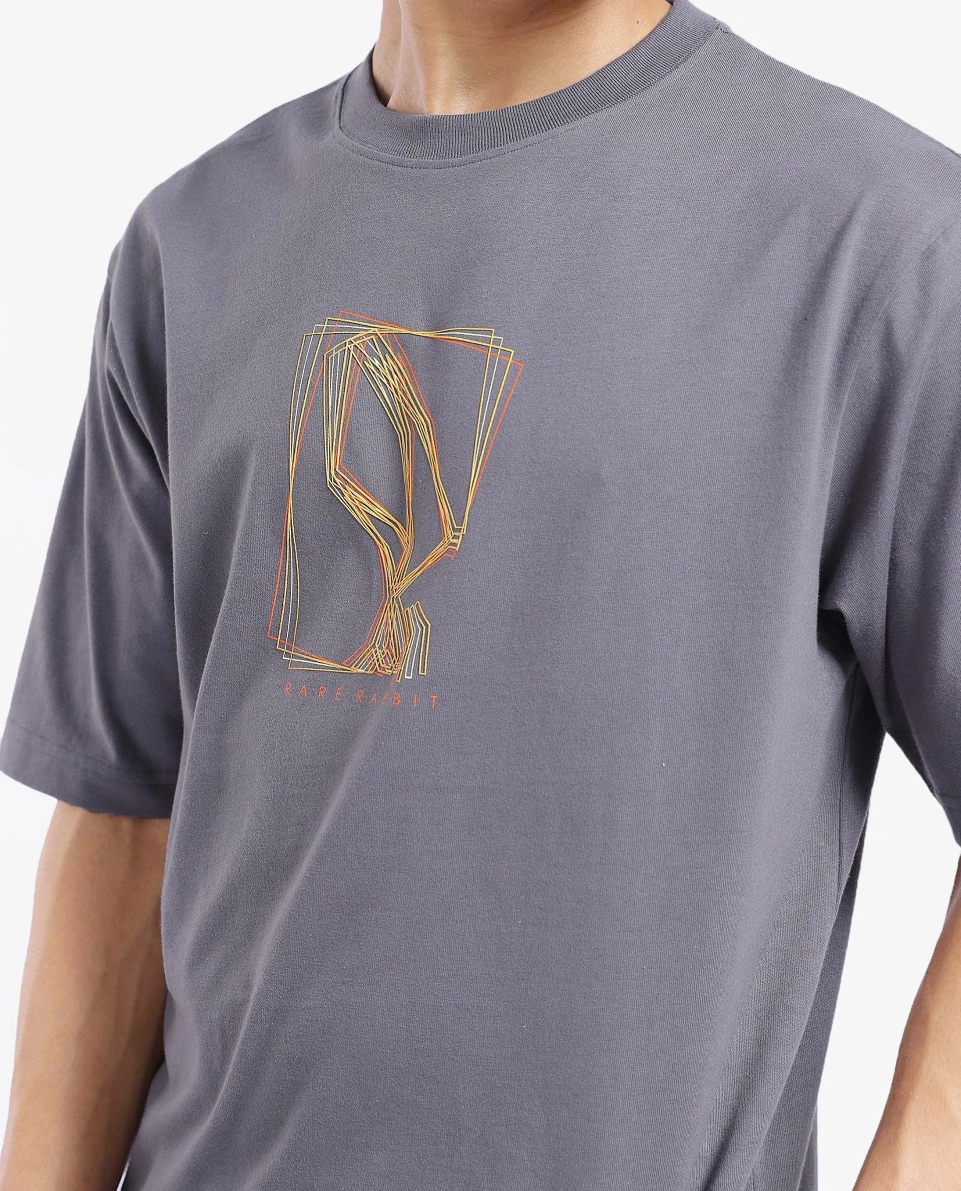 Rare Rabbit Men Que Grey Short Sleeve Crew Neck Boxy Fit Graphic Print T-Shirt