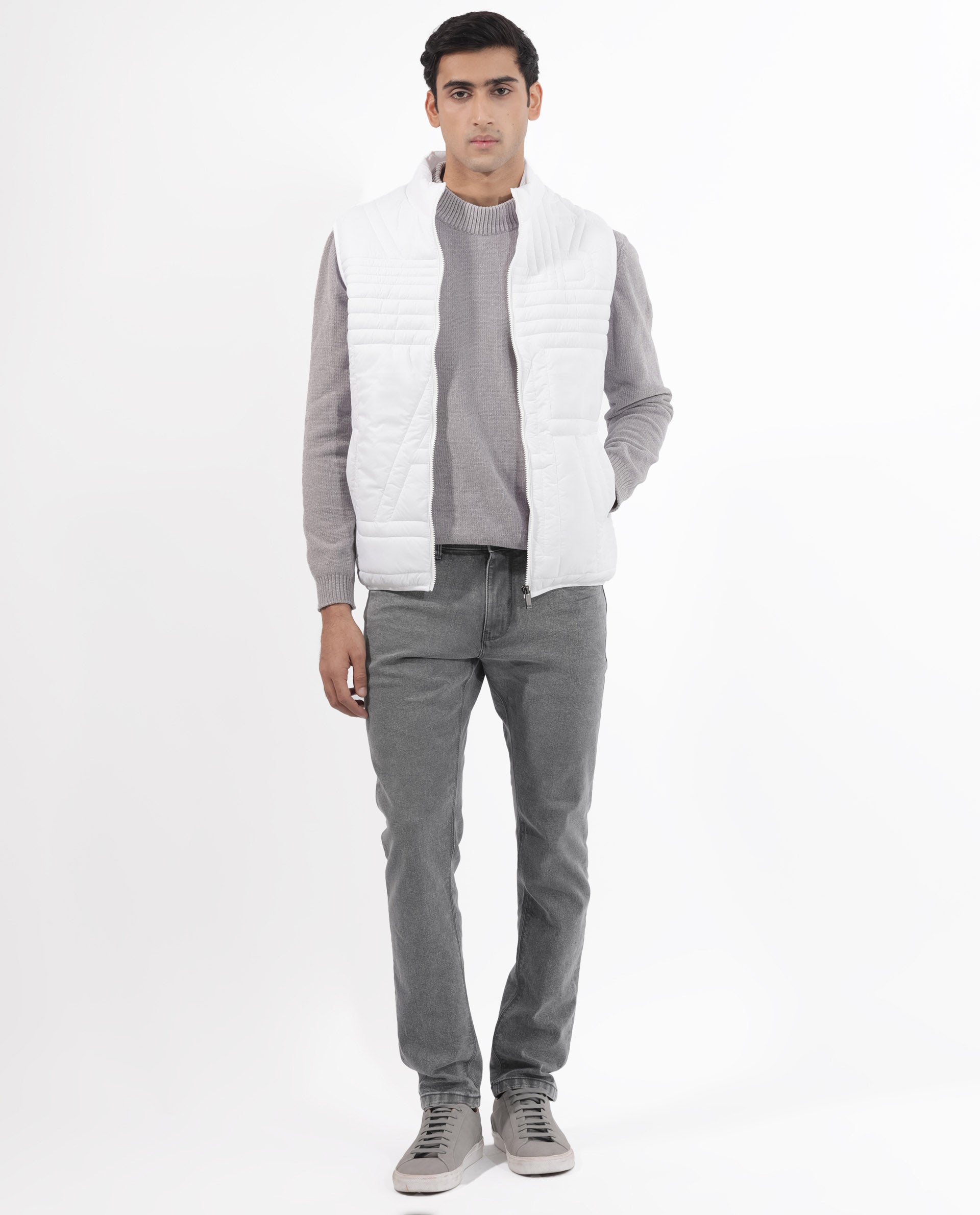 Rare Rabbit Men's Queltex White Nylon Fabric High Neck Sleeveless Zipper Closure Quilted Gilet Jacket