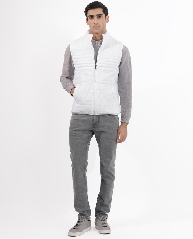 Rare Rabbit Men's Queltex White Nylon Fabric High Neck Sleeveless Zipper Closure Quilted Gilet Jacket