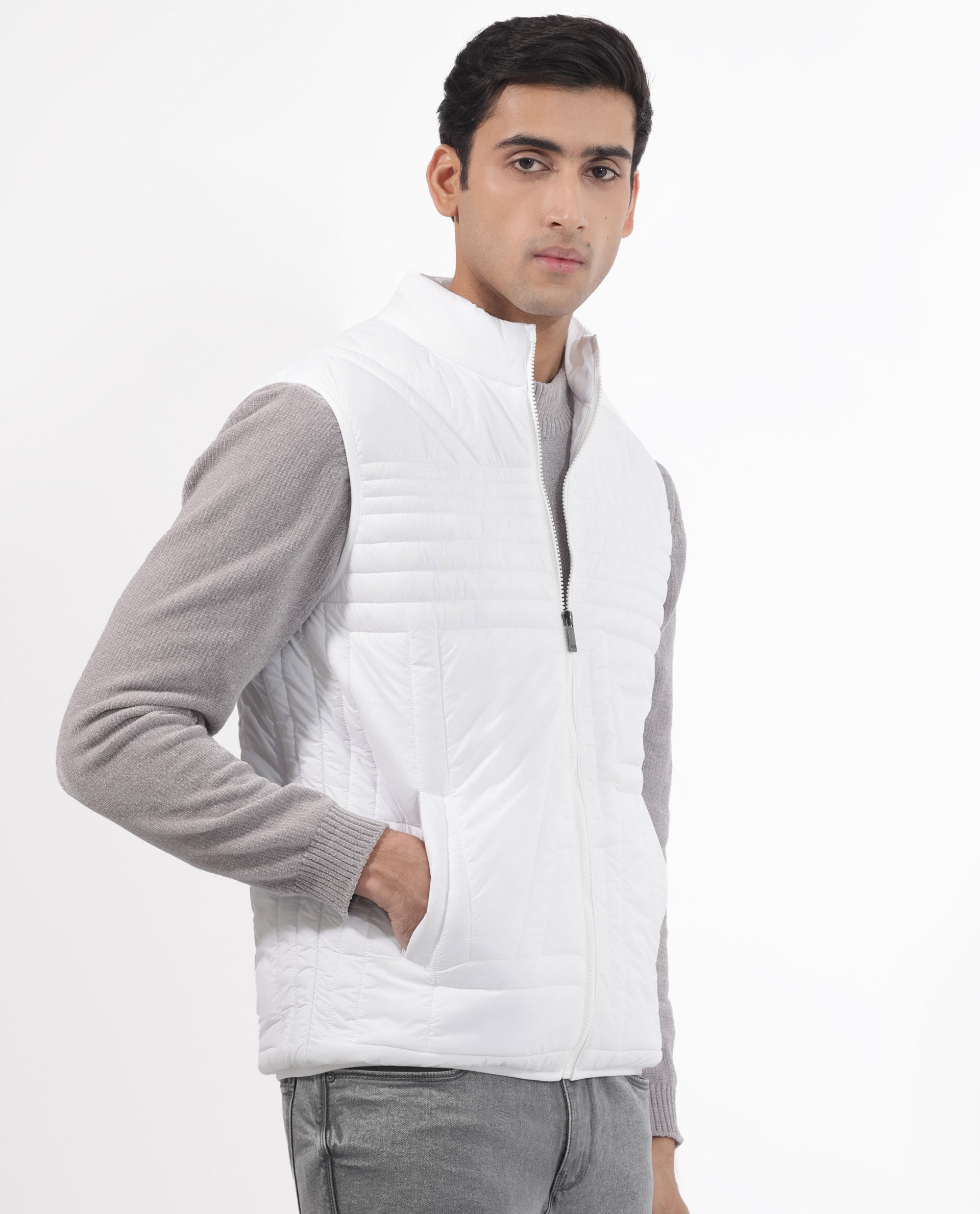 Rare Rabbit Men's Queltex White Nylon Fabric High Neck Sleeveless Zipper Closure Quilted Gilet Jacket