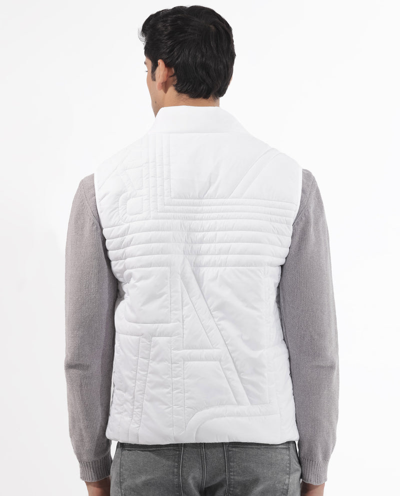 Rare Rabbit Men's Queltex White Nylon Fabric High Neck Sleeveless Zipper Closure Quilted Gilet Jacket