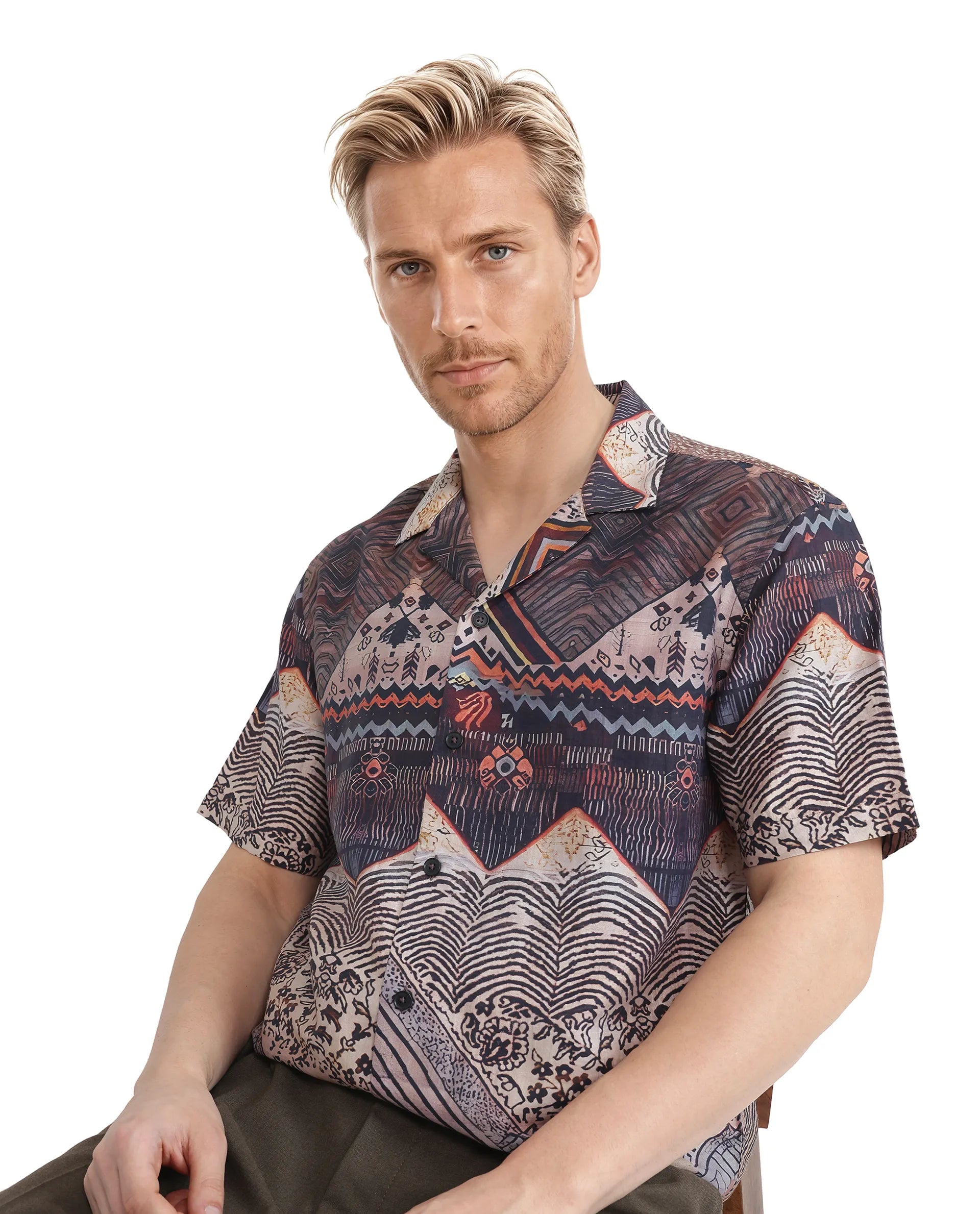 Rare Rabbit Men Quem Dark Brown Cotton Poly Blend Fabric Short Sleeve Cuban Collar Button Closure Boxy Fit Abstract Print Shirt