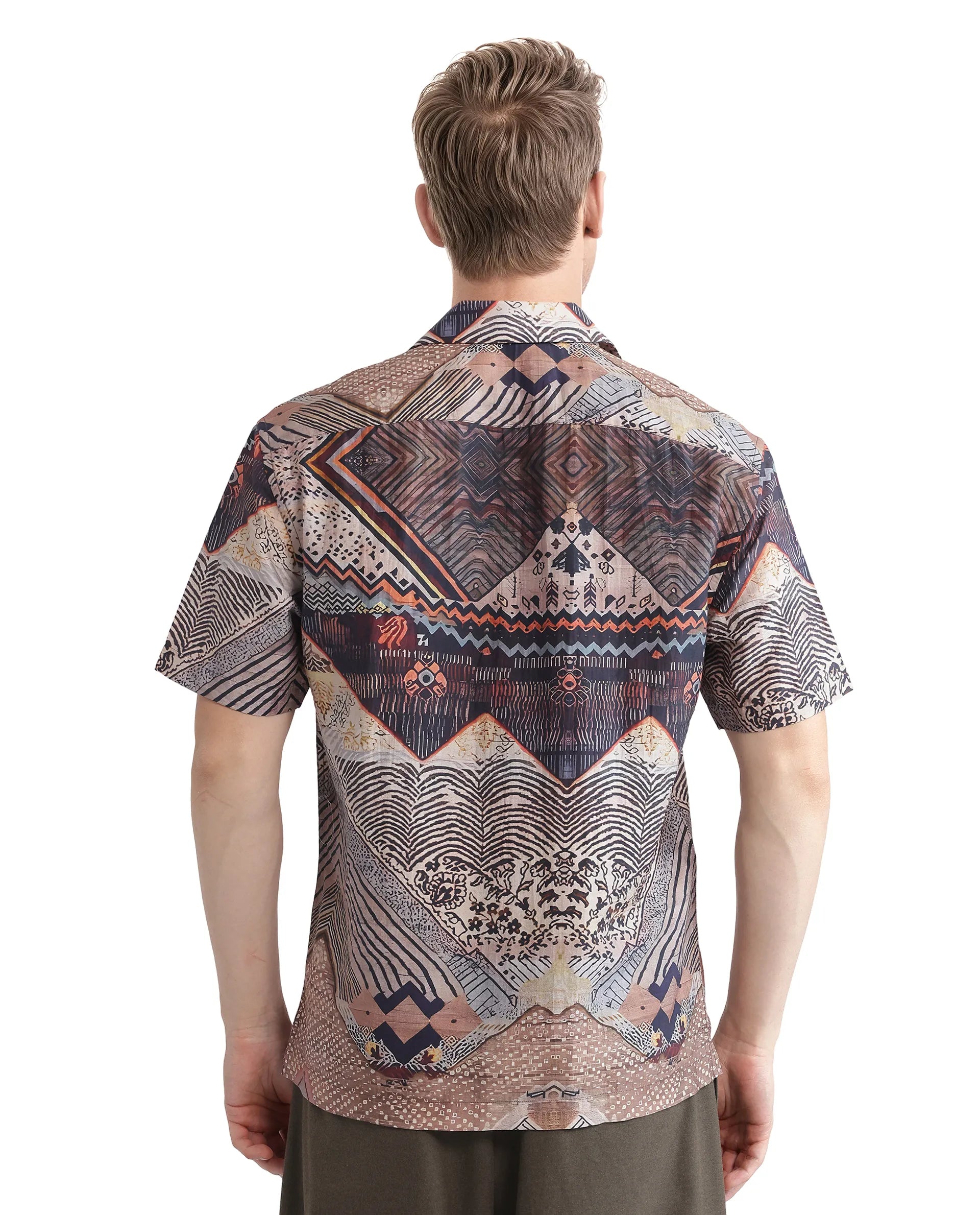 Rare Rabbit Men Quem Dark Brown Cotton Poly Blend Fabric Short Sleeve Cuban Collar Button Closure Boxy Fit Abstract Print Shirt