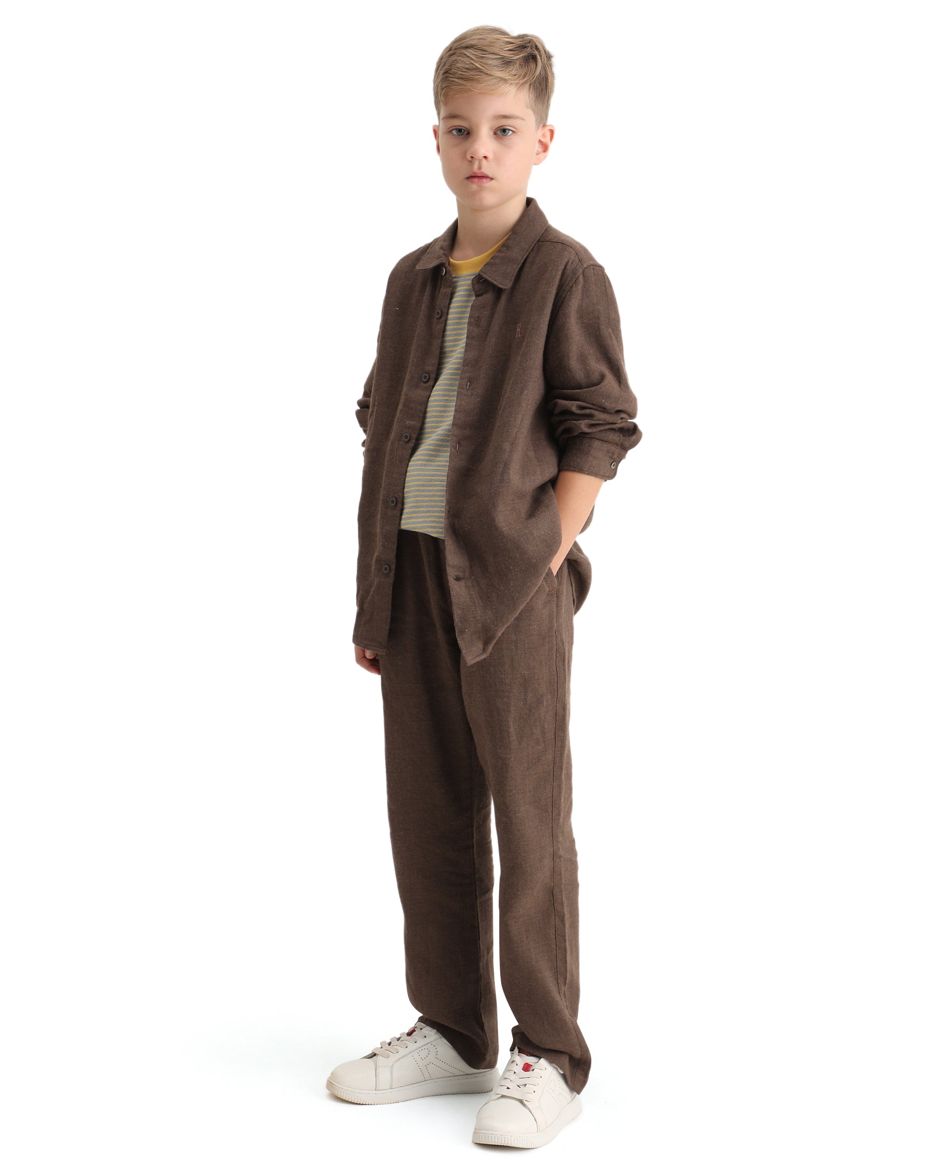 Rare Ones Kids Quen-B Brown Cotton Blend Solid Button Closure Regular Fit Trouser