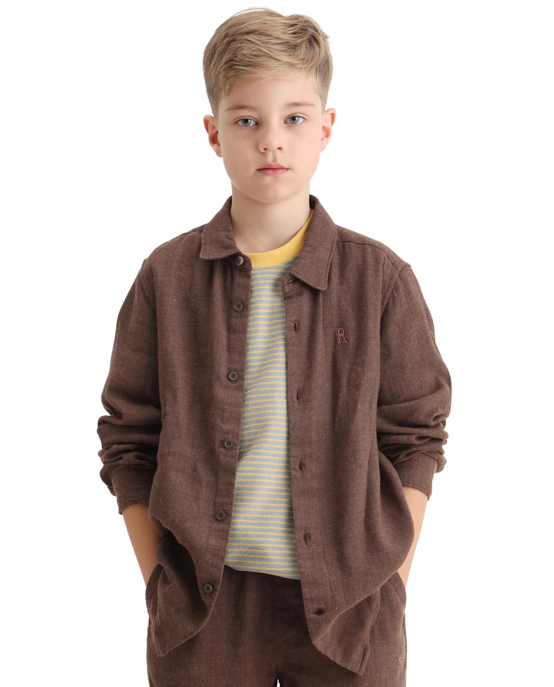 Rare Ones Kids Quen-S Brown Cotton Blend Plain Button Closure Regular Fit Shirt