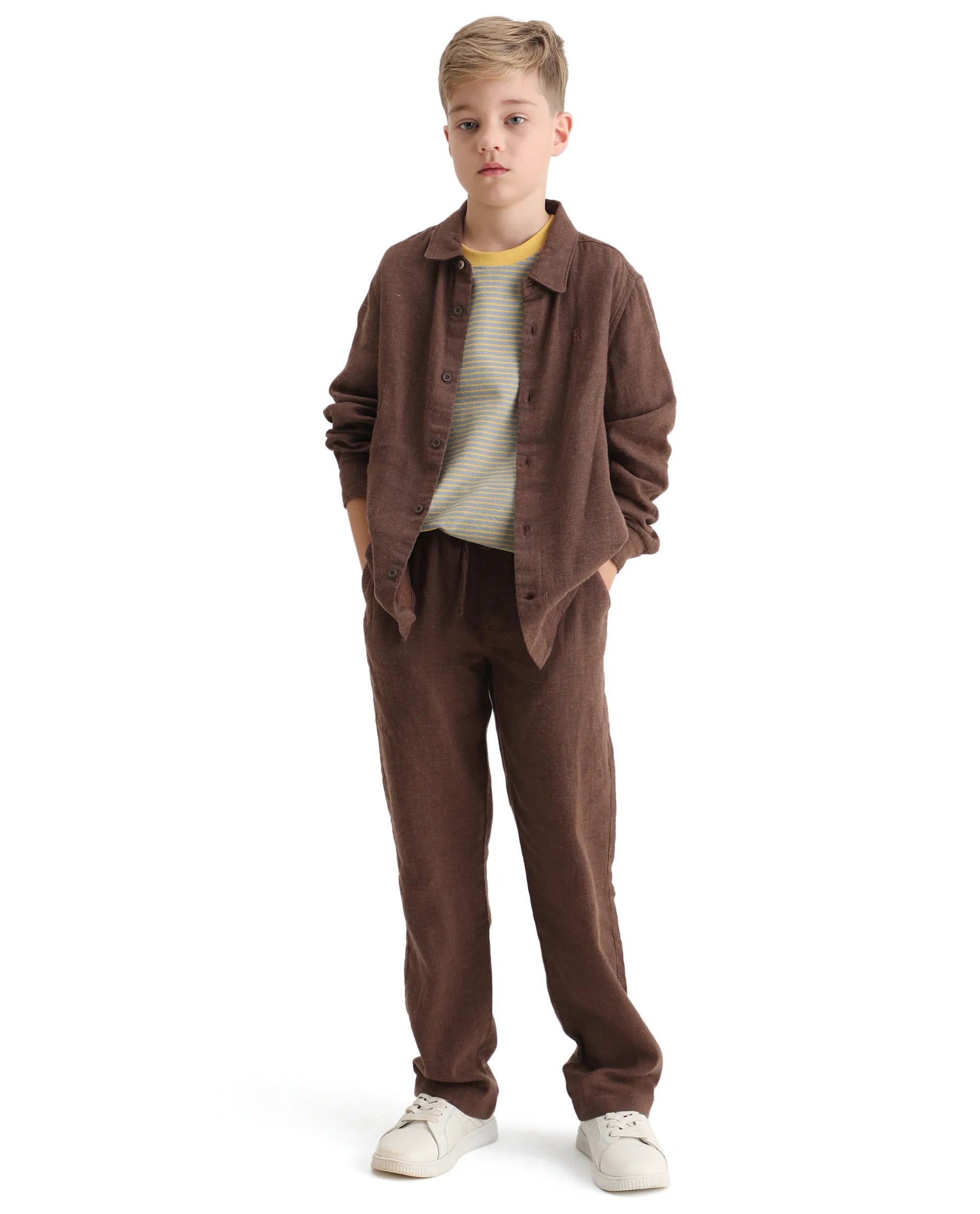 Rare Ones Kids Quen-S Brown Cotton Blend Plain Button Closure Regular Fit Shirt