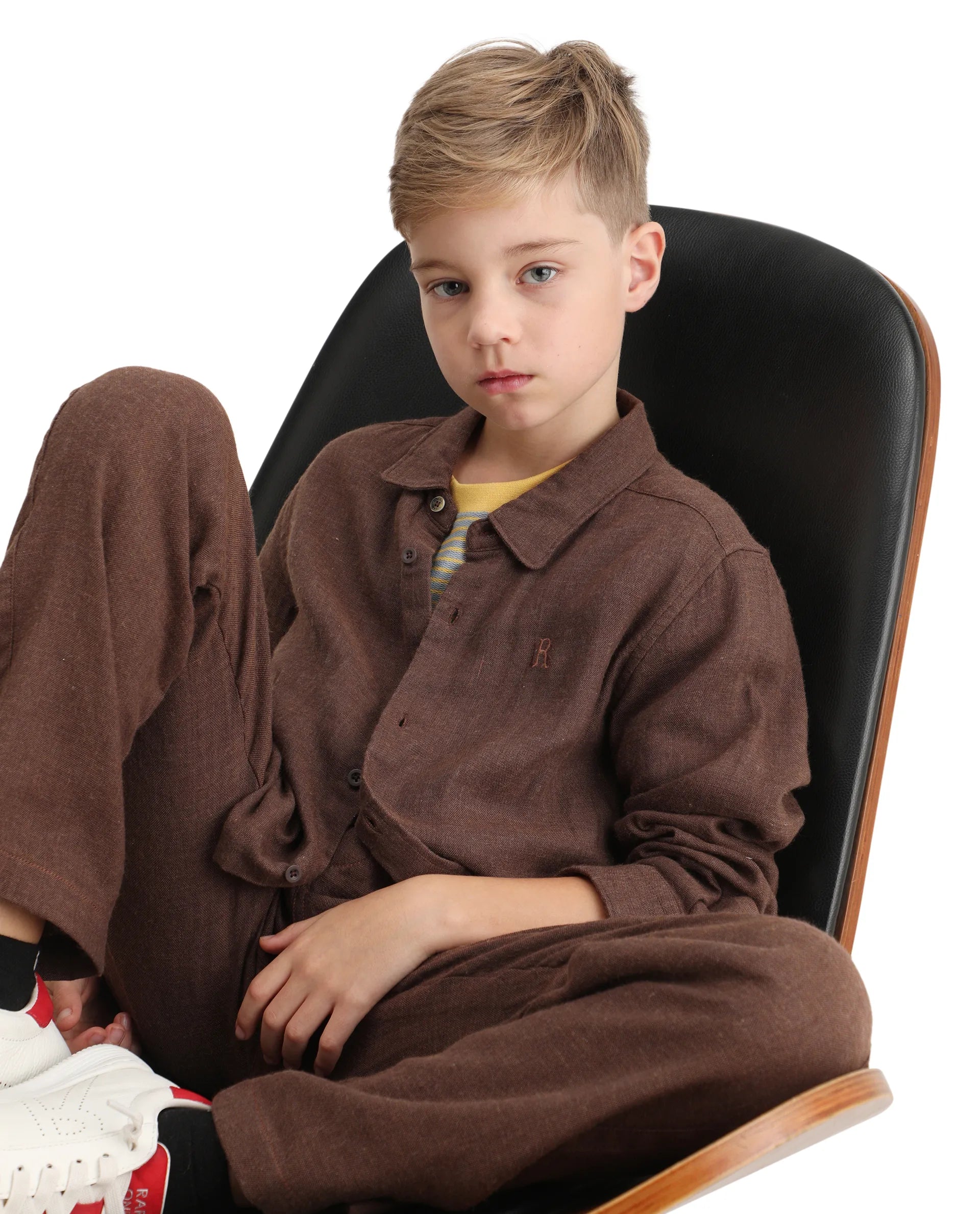 Rare Ones Kids Quen-S Brown Cotton Blend Plain Button Closure Regular Fit Shirt