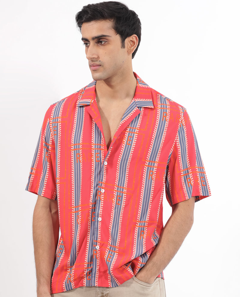 Rare Rabbit Mens Quena Red Viscose Fabric Cuban Collar Half Sleeves Boxy Fit Geometric Stripe Print Shirt
