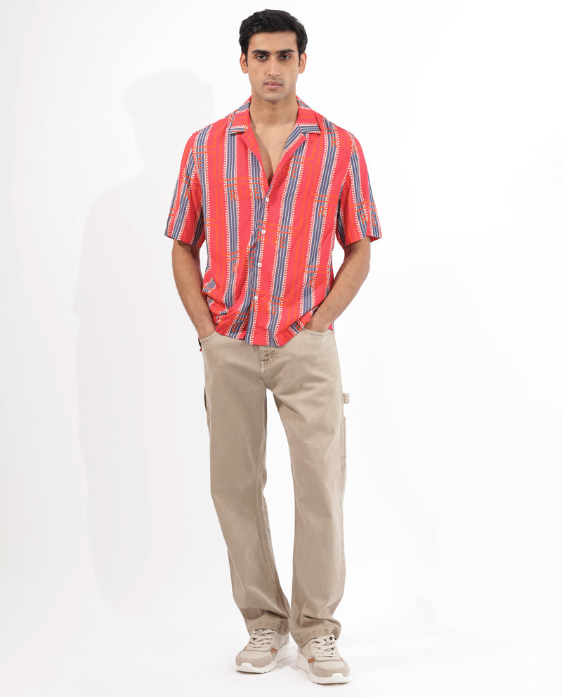 Rare Rabbit Mens Quena Red Viscose Fabric Cuban Collar Half Sleeves Geometric Stripe Print Shirt