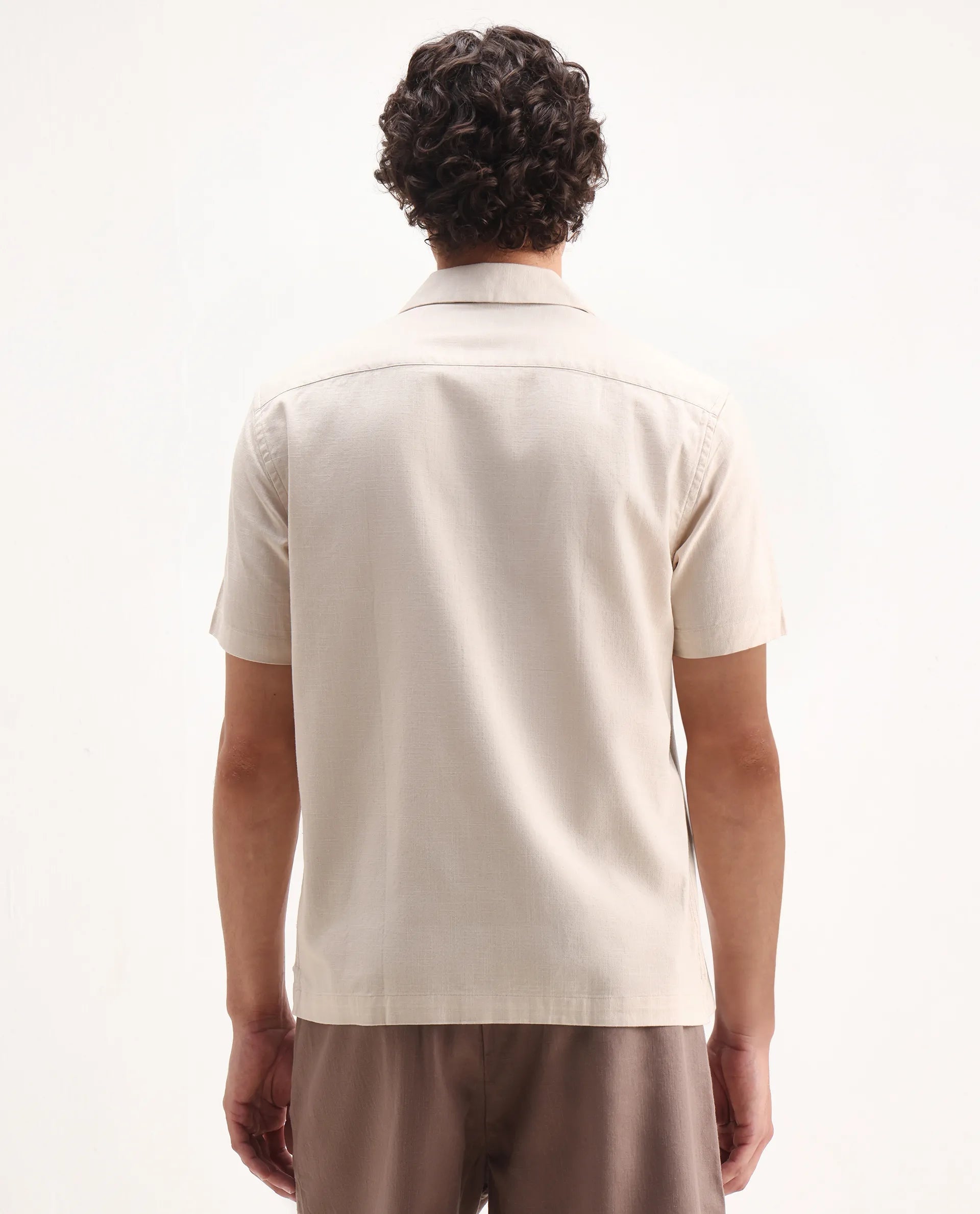 Rare Rabbit Men's Quentin Beige Embroidered Relaxed Fit Half Sleeve Cuban Collar Shirt