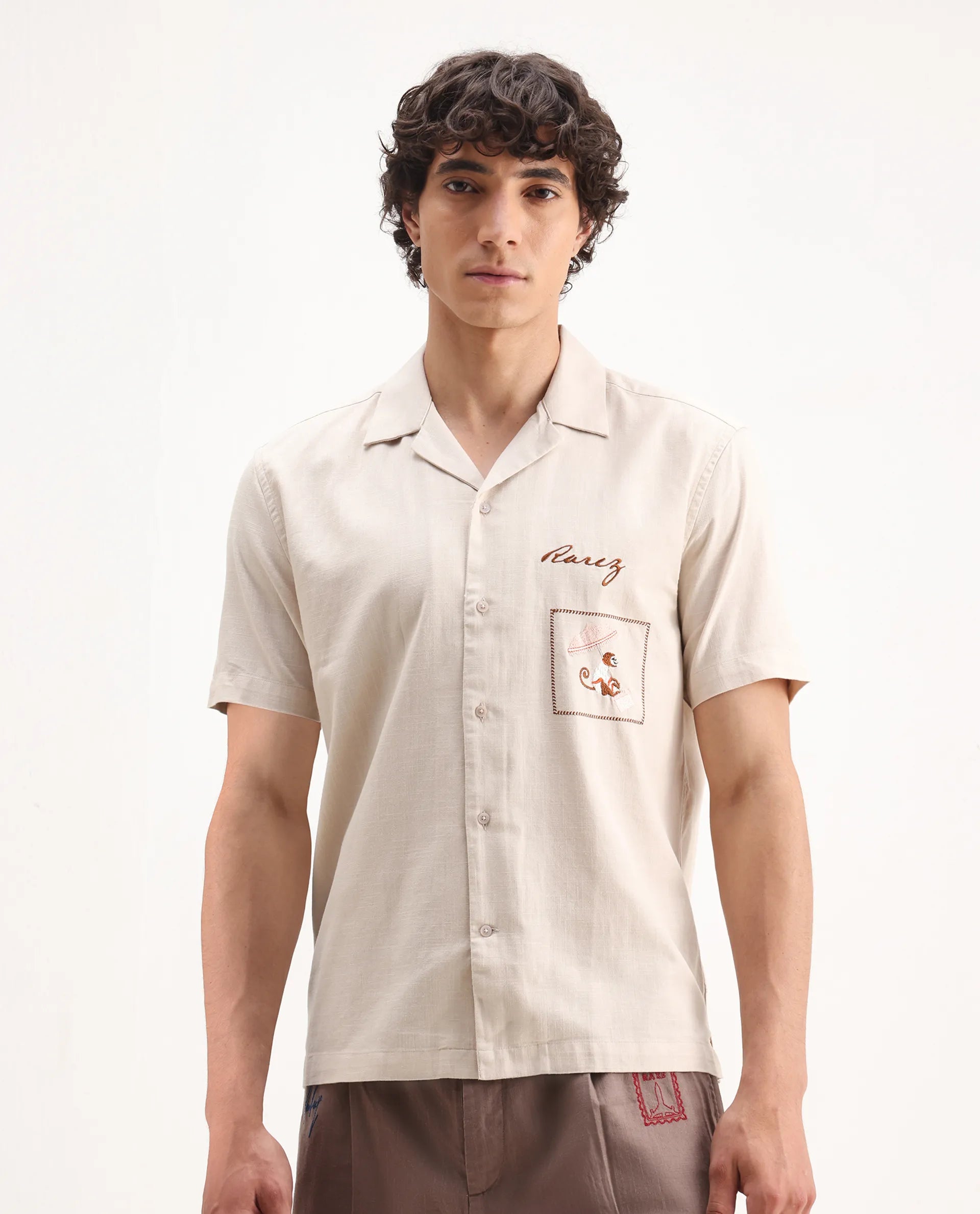 Rare Rabbit Men's Quentin Beige Embroidered Relaxed Fit Half Sleeve Cuban Collar Shirt