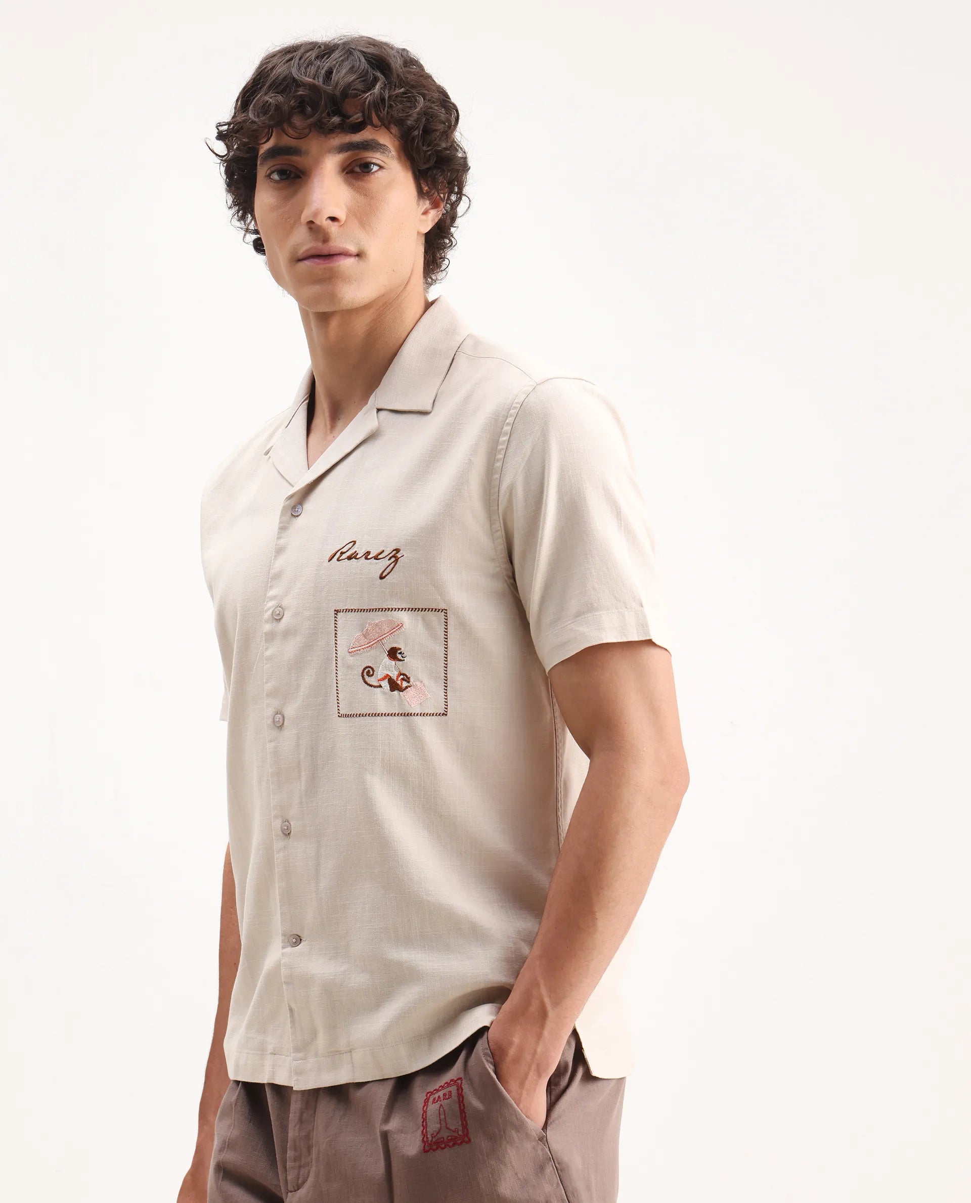 Rare Rabbit Men's Quentin Beige Embroidered Relaxed Fit Half Sleeve Cuban Collar Shirt