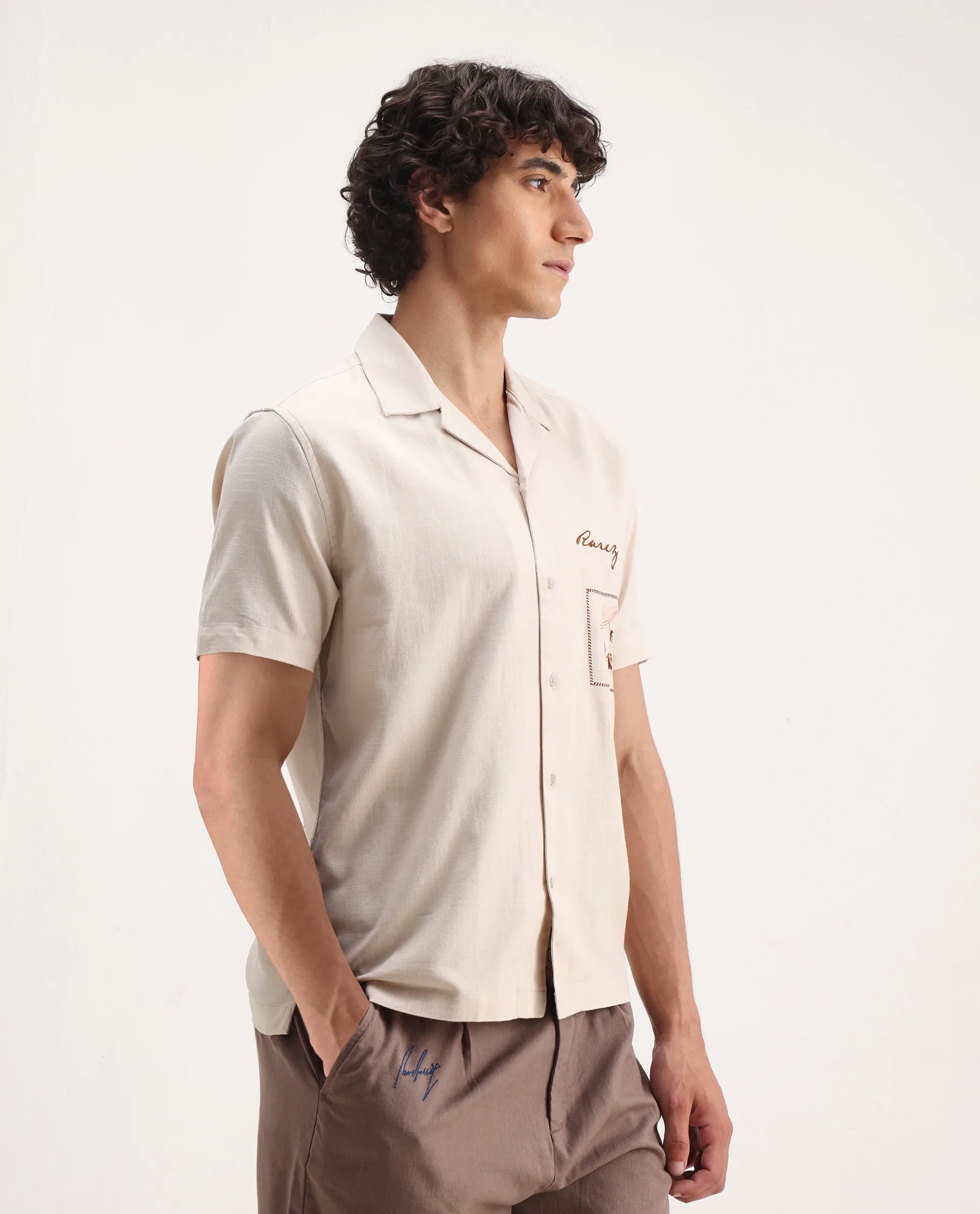Rare Rabbit Men's Quentin Beige Embroidered Relaxed Fit Half Sleeve Cuban Collar Shirt