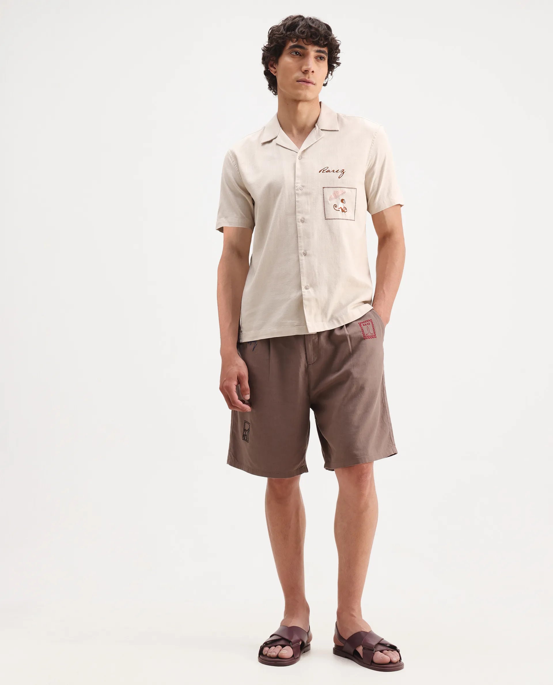 Rare Rabbit Men's Quentin Beige Embroidered Relaxed Fit Half Sleeve Cuban Collar Shirt