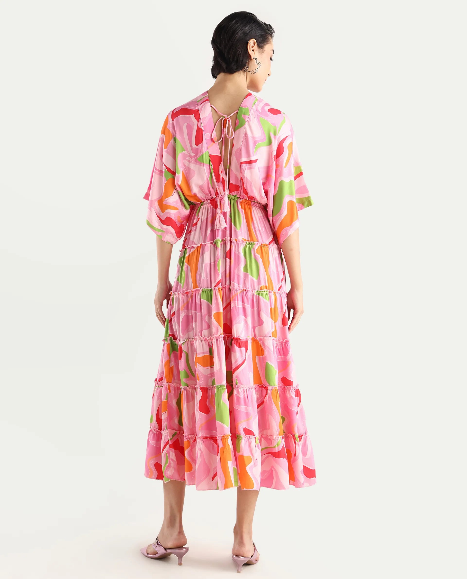 Rareism Women's Quil Pastel Multi Cotton Blend V-Neck Abstract Print Extended Sleeves Midi Fit And Flare Dress