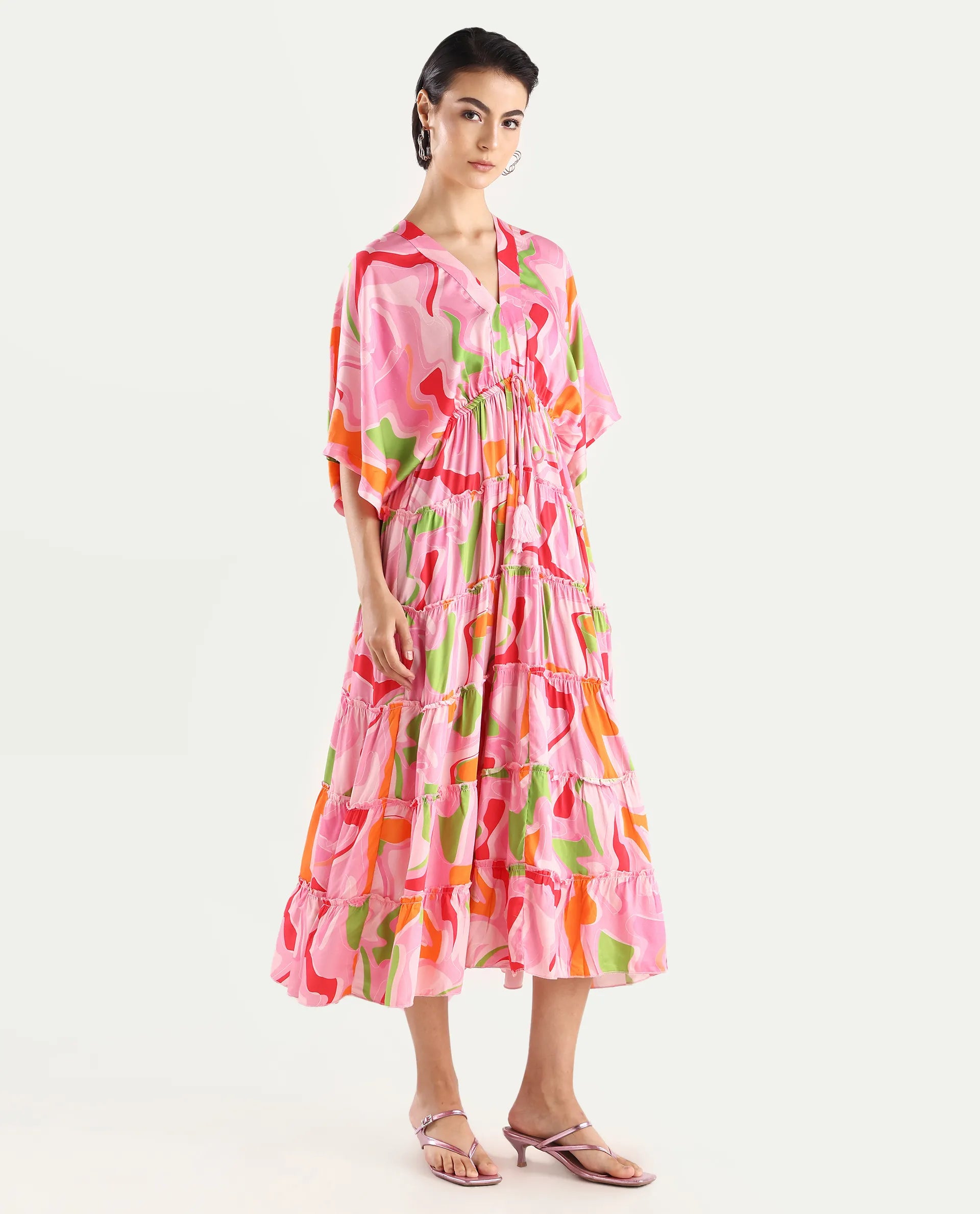 Rareism Women's Quil Pastel Multi Cotton Blend V-Neck Abstract Print Extended Sleeves Midi Fit And Flare Dress