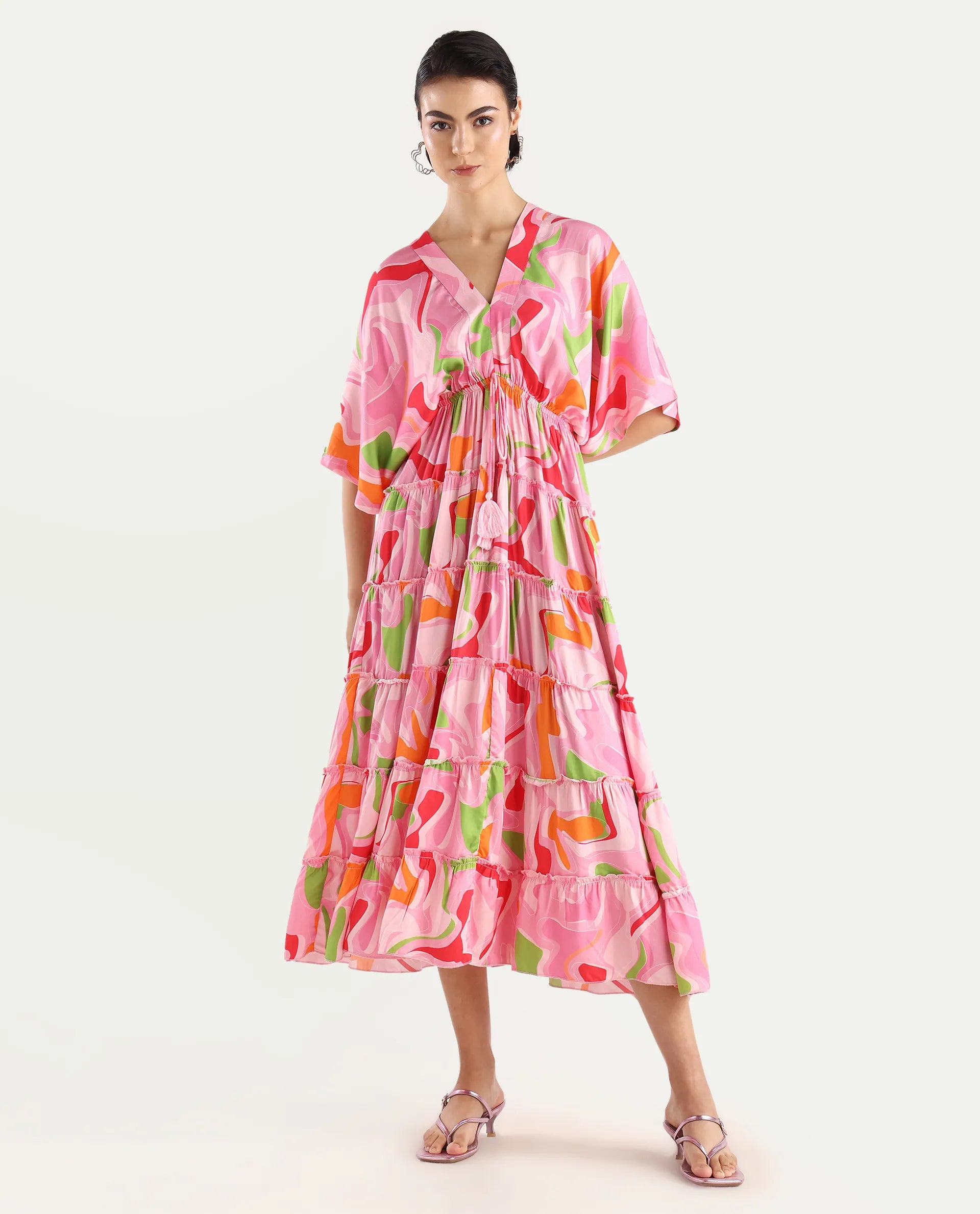 Rareism Women's Quil Pastel Multi Cotton Blend V-Neck Abstract Print Extended Sleeves Midi Fit And Flare Dress