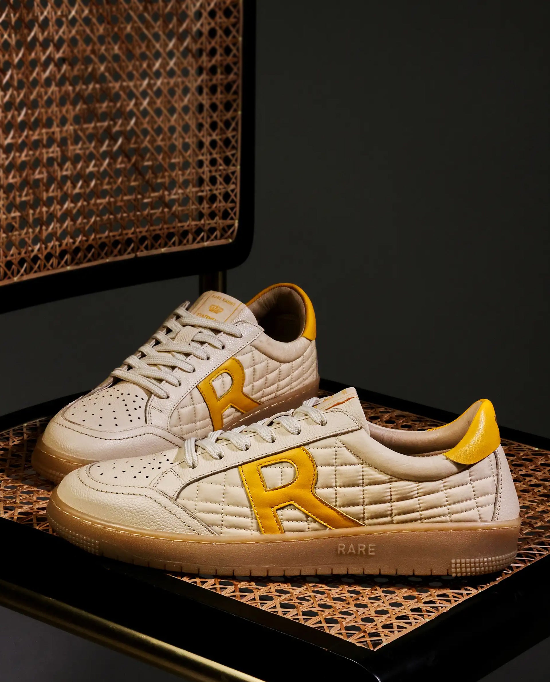 Rare Rabbit Men Quilt Yellow Parachute Fabric with Milled Leather Low-Top Lace Up Quilted Sneaker Shoes Shoes