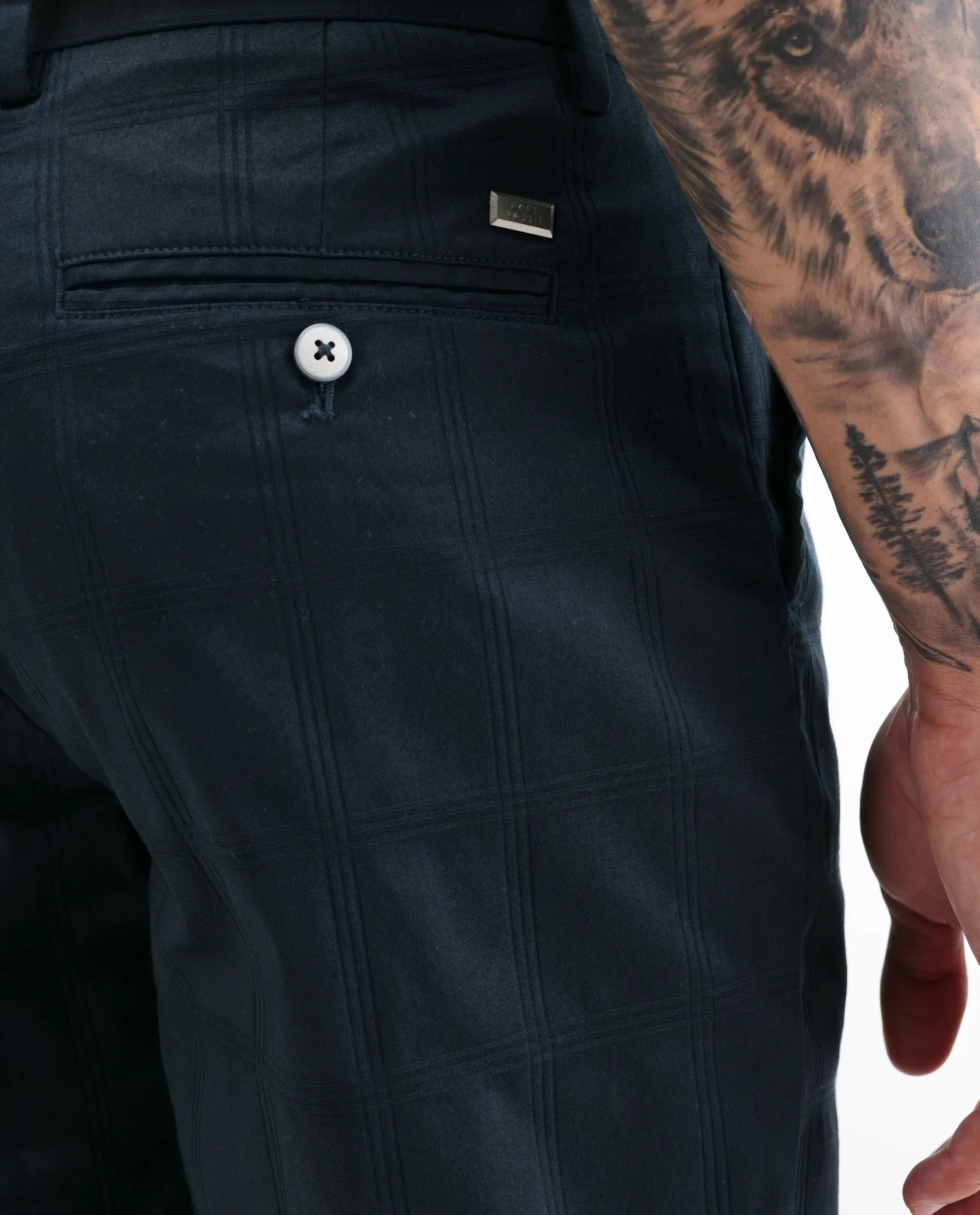 Rare Rabbit Men's Quince Dark Navy Cotton Checked Print Regular Fit Trouser