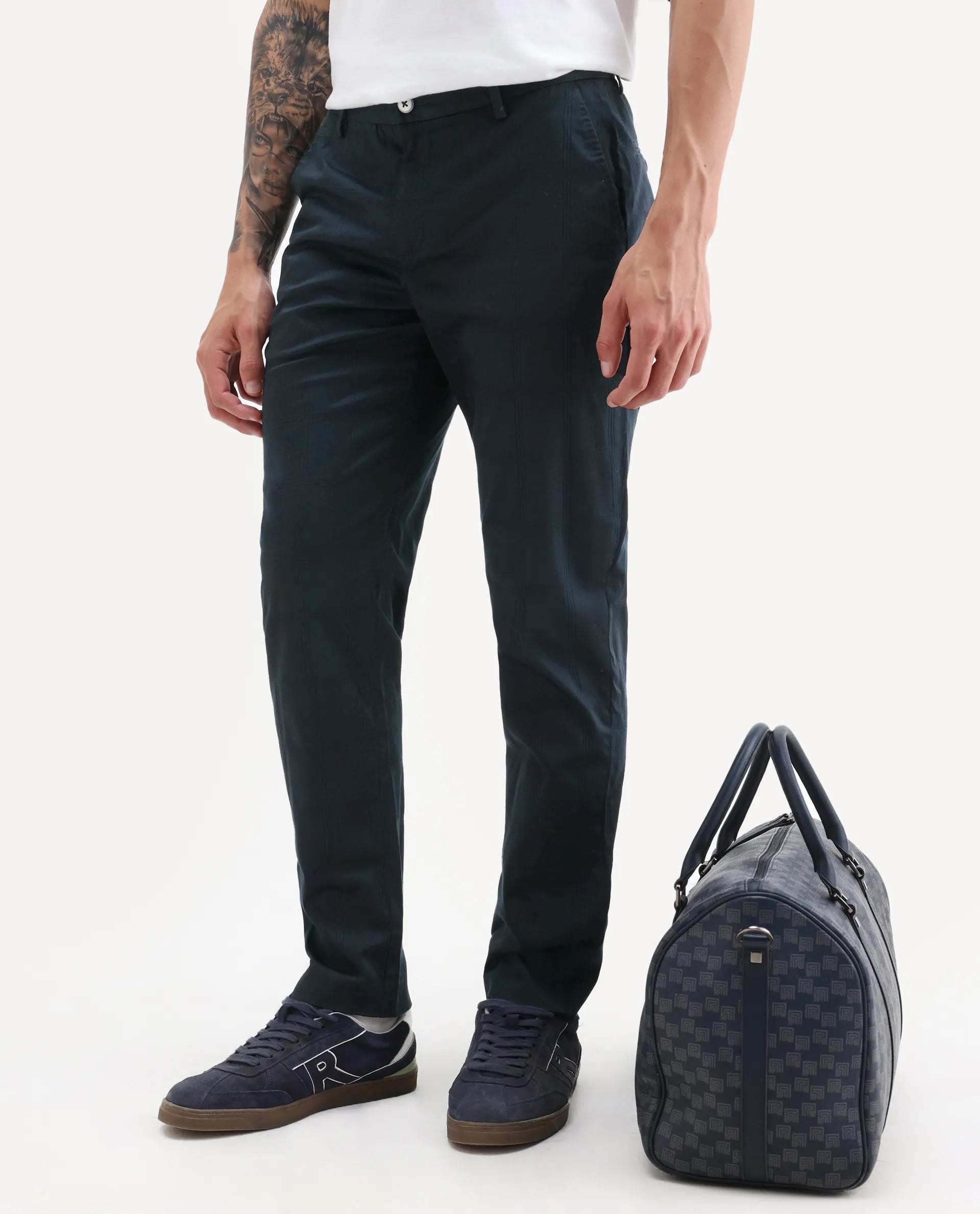 Rare Rabbit Men's Quince Dark Navy Cotton Checked Print Regular Fit Trouser