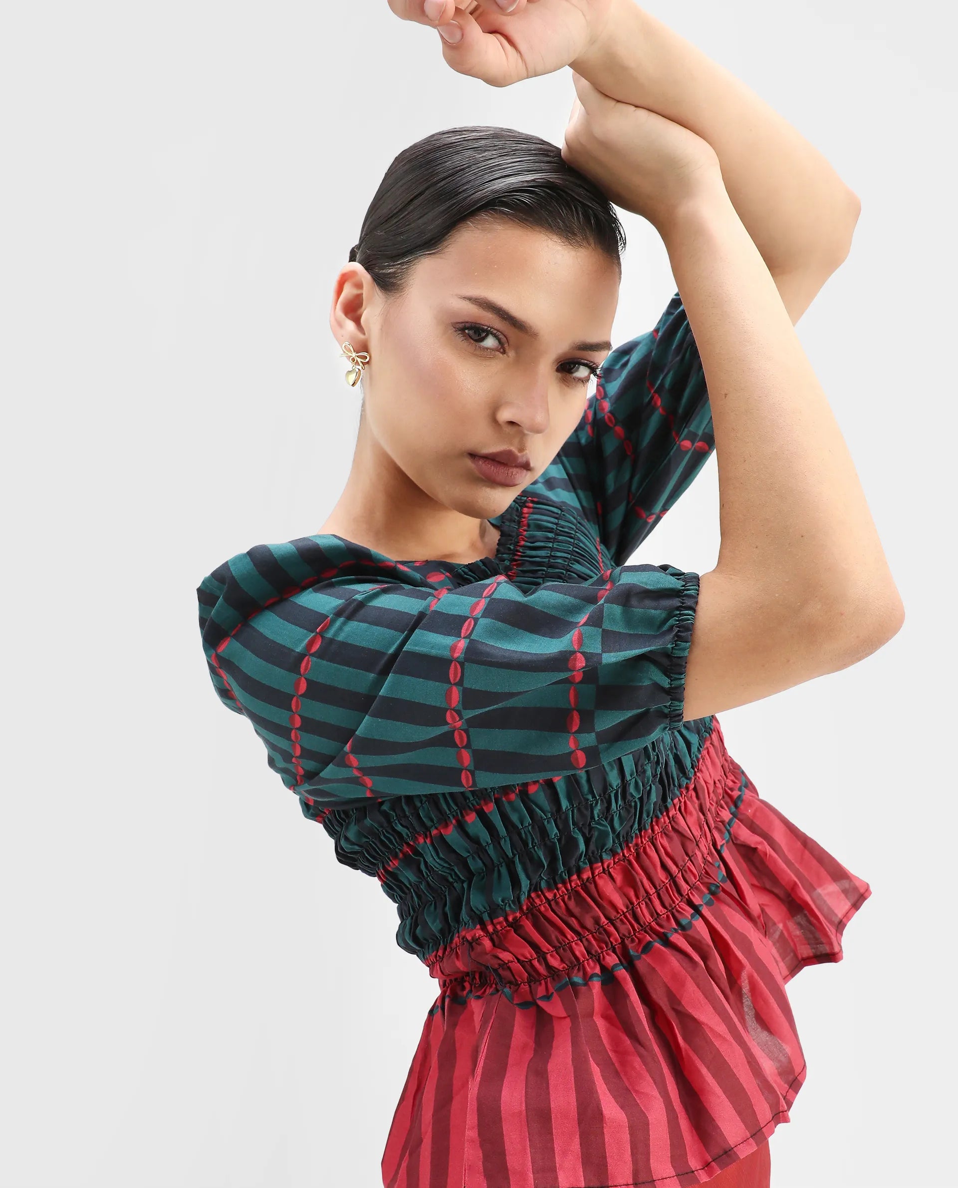 Rareism Women's Quince Green Cotton Square Neck Geometric Print Puff Sleeves Regular Fit Top