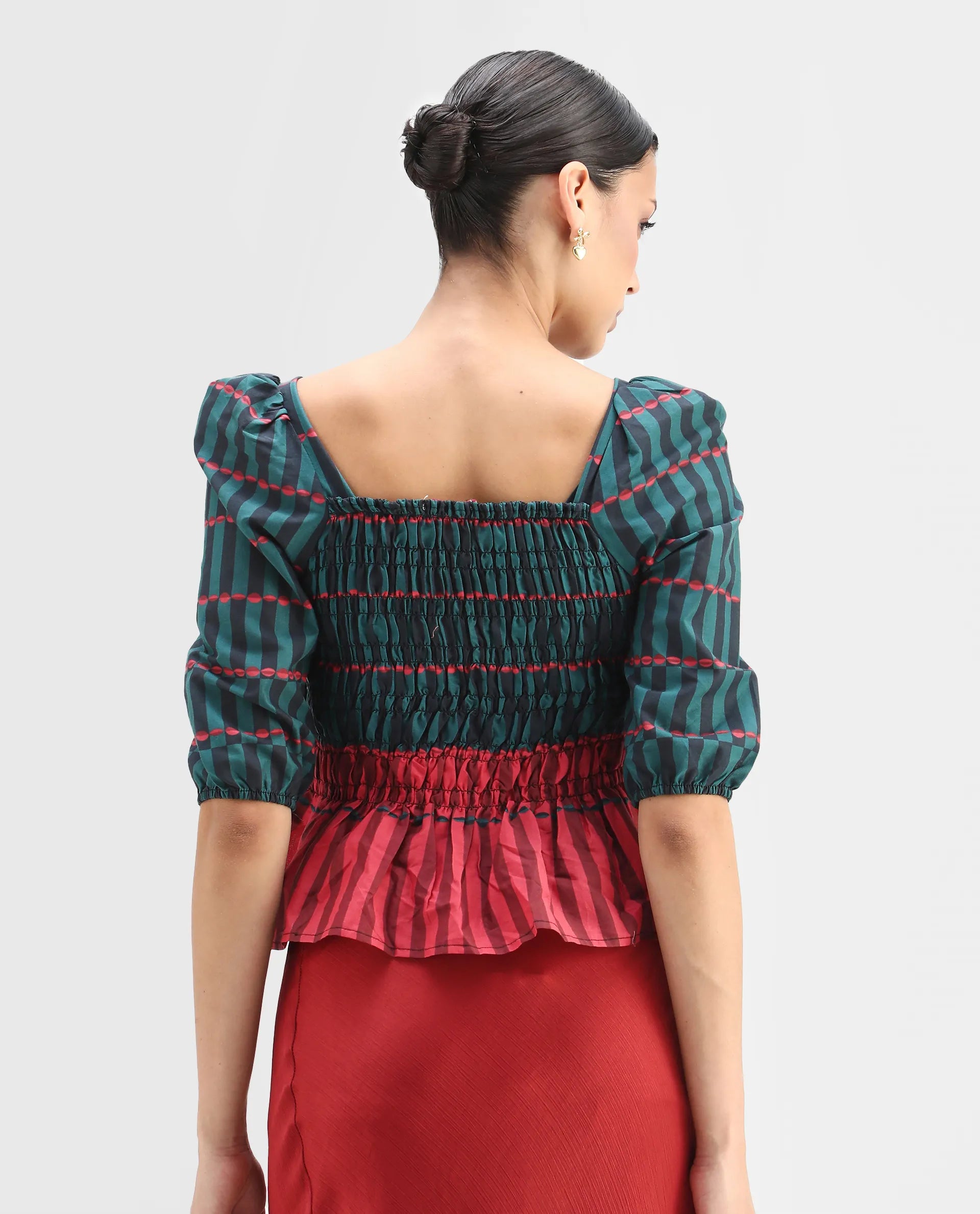 Rareism Women's Quince Green Cotton Square Neck Geometric Print Puff Sleeves Regular Fit Top