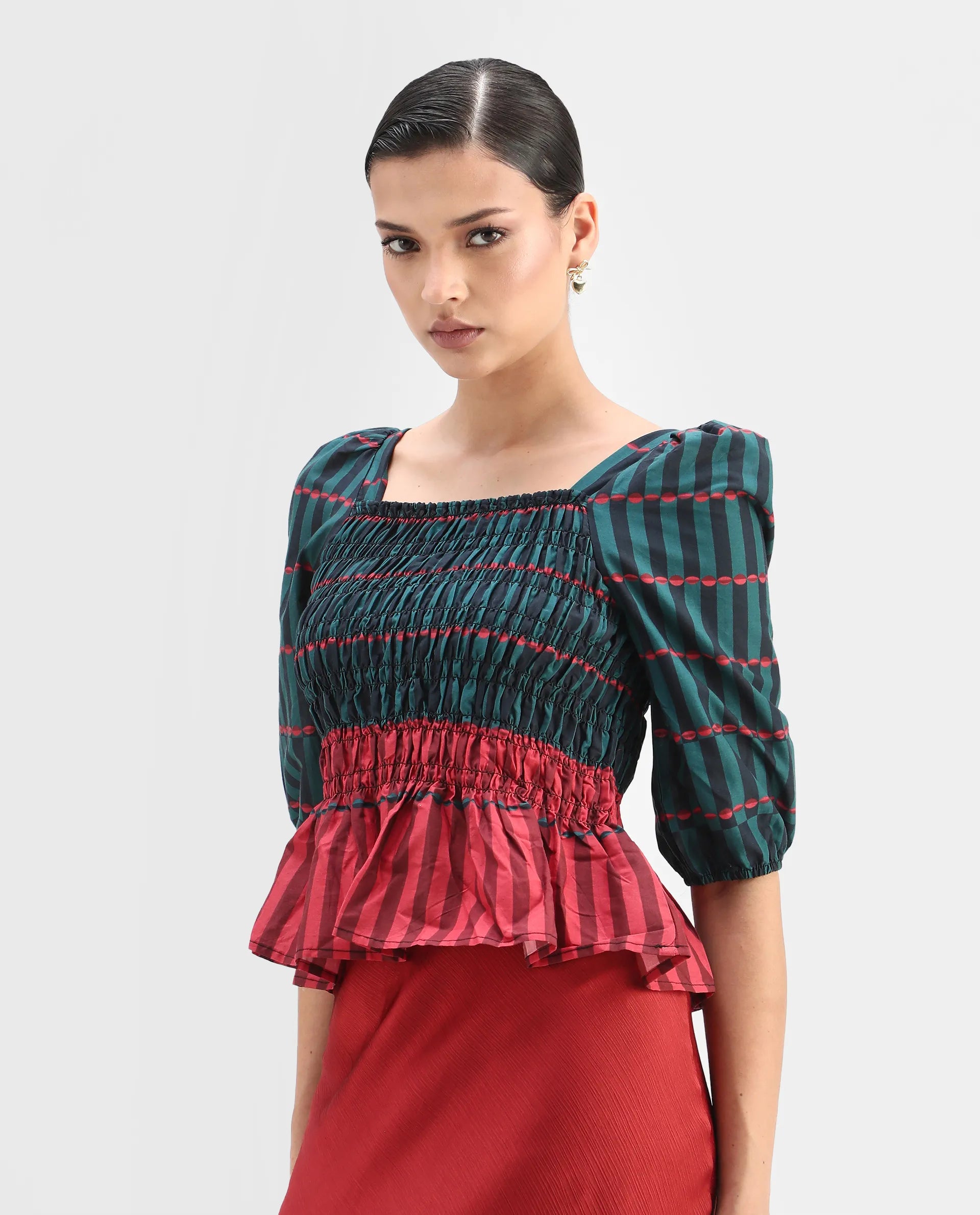 Rareism Women's Quince Green Cotton Square Neck Geometric Print Puff Sleeves Regular Fit Top