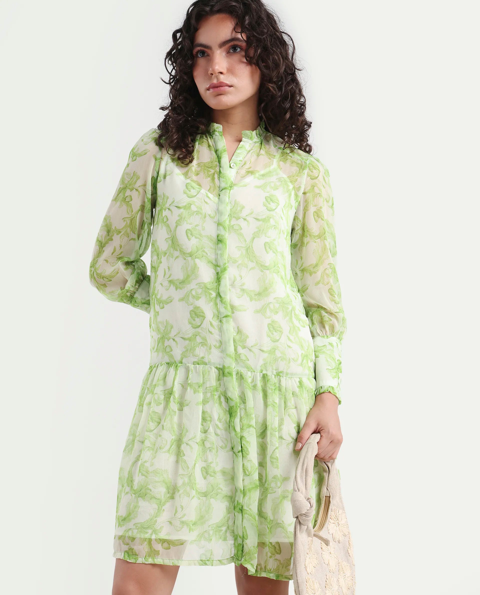 Rareism Women's Quin Green Polyester Ruffled Neck Floral Print Ruffled Sleeve Knee Length Regular Fit Dress