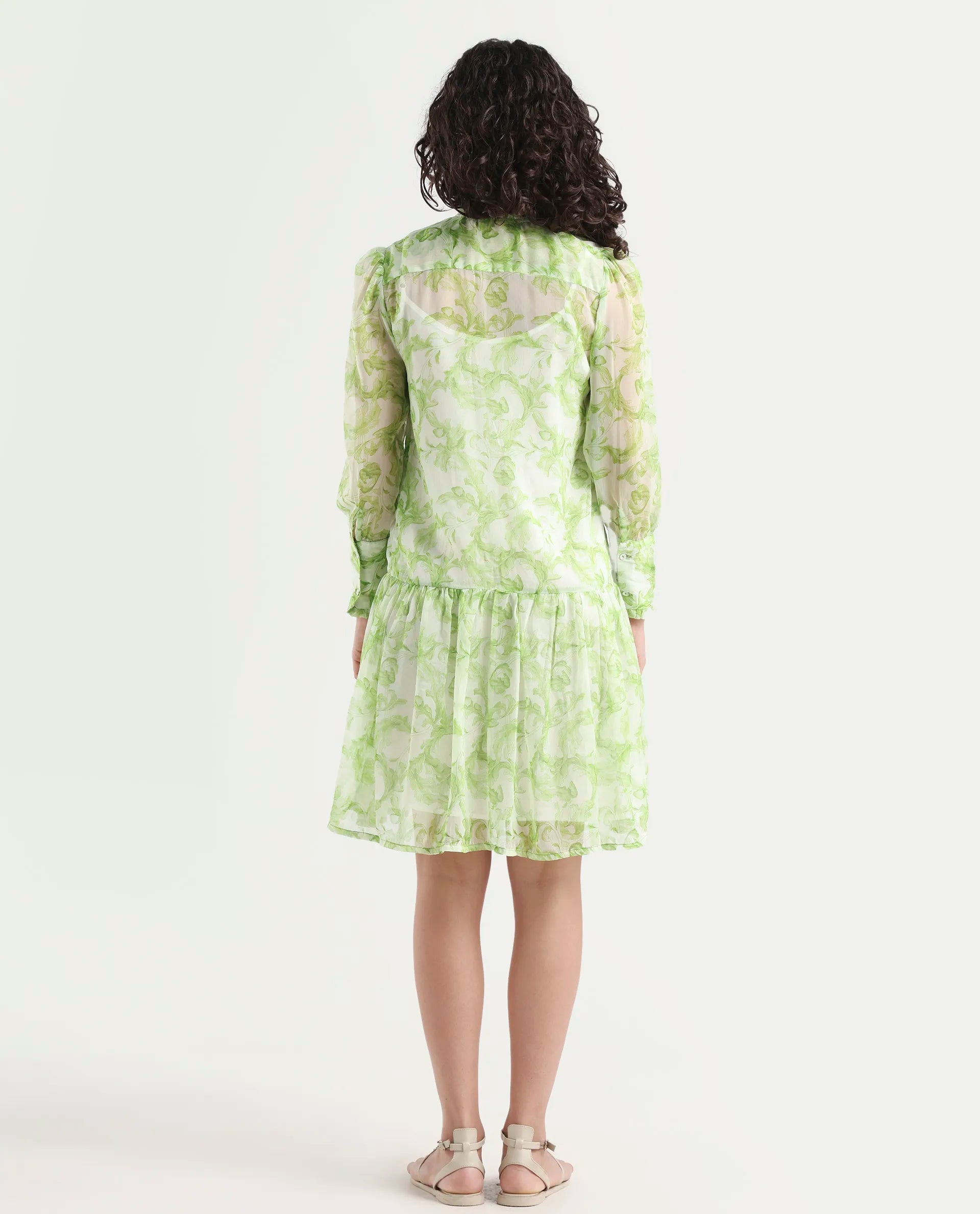 Rareism Women's Quin Green Polyester Ruffled Neck Floral Print Ruffled Sleeve Knee Length Regular Fit Dress